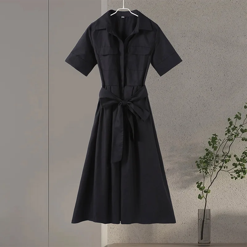 Elegant Short Sleeve Lapel Midi Dress For Women Chic Solid Single Breasted Waist Long Dress Lady Holiday Evening Party Vestidos