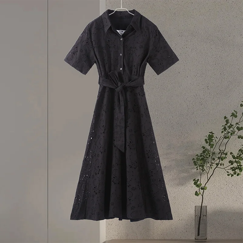 Elegant Short Sleeve Lapel Midi Dress For Women Chic Solid Single Breasted Waist Long Dress Lady Holiday Evening Party Vestidos