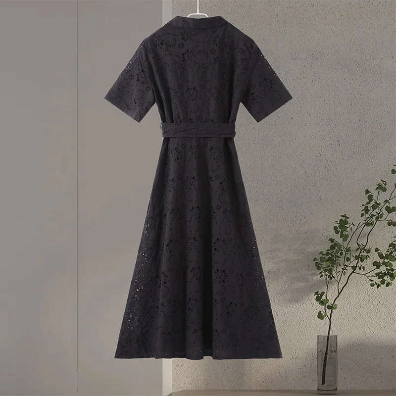 Elegant Short Sleeve Lapel Midi Dress For Women Chic Solid Single Breasted Waist Long Dress Lady Holiday Evening Party Vestidos