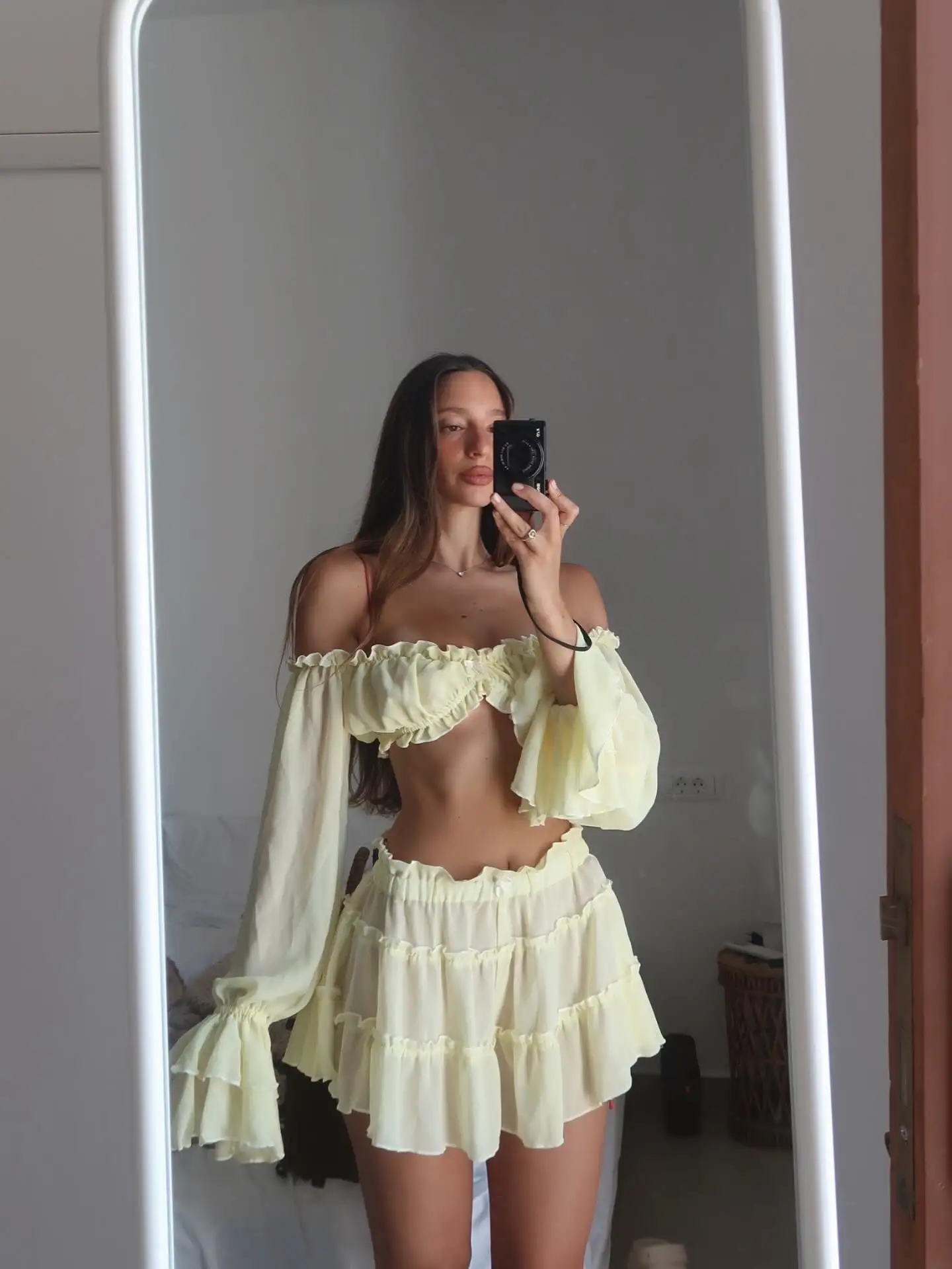Ruffle Beach Dresses Cover Up Women Long Sleeve Bandeau Dress High Waist Beach Cover ups Summer Bandage Beachwear Dress Clothing