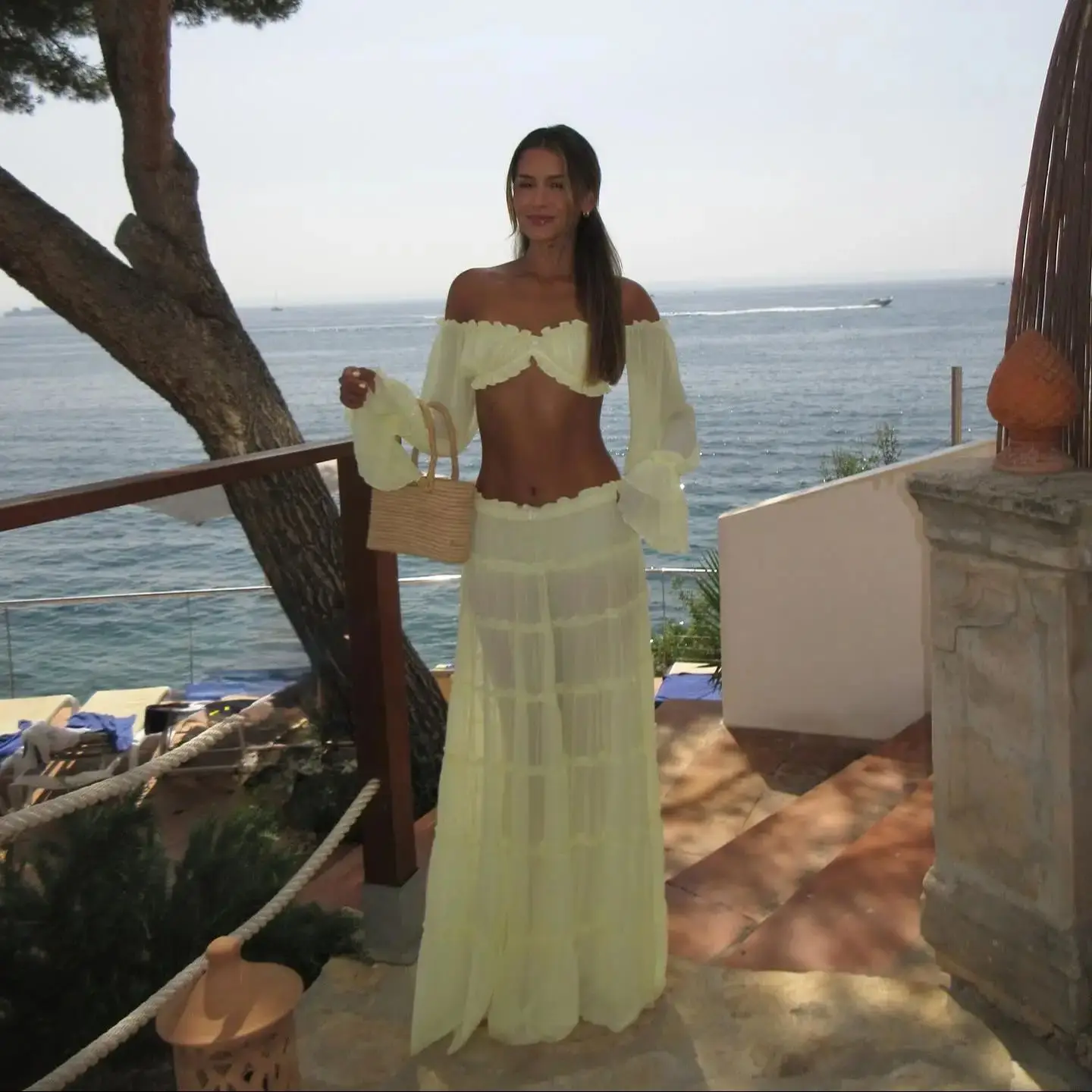 Ruffle Beach Dresses Cover Up Women Long Sleeve Bandeau Dress High Waist Beach Cover ups Summer Bandage Beachwear Dress Clothing