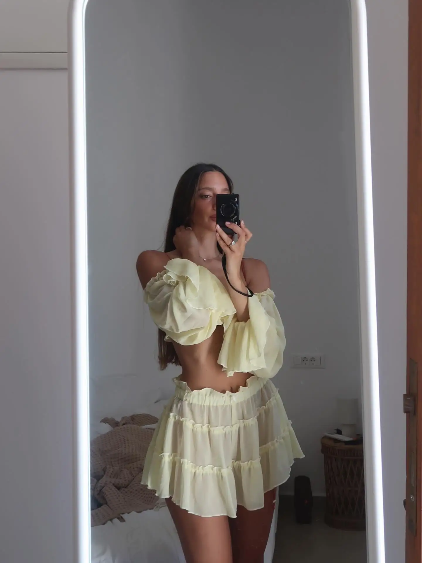 Ruffle Beach Dresses Cover Up Women Long Sleeve Bandeau Dress High Waist Beach Cover ups Summer Bandage Beachwear Dress Clothing