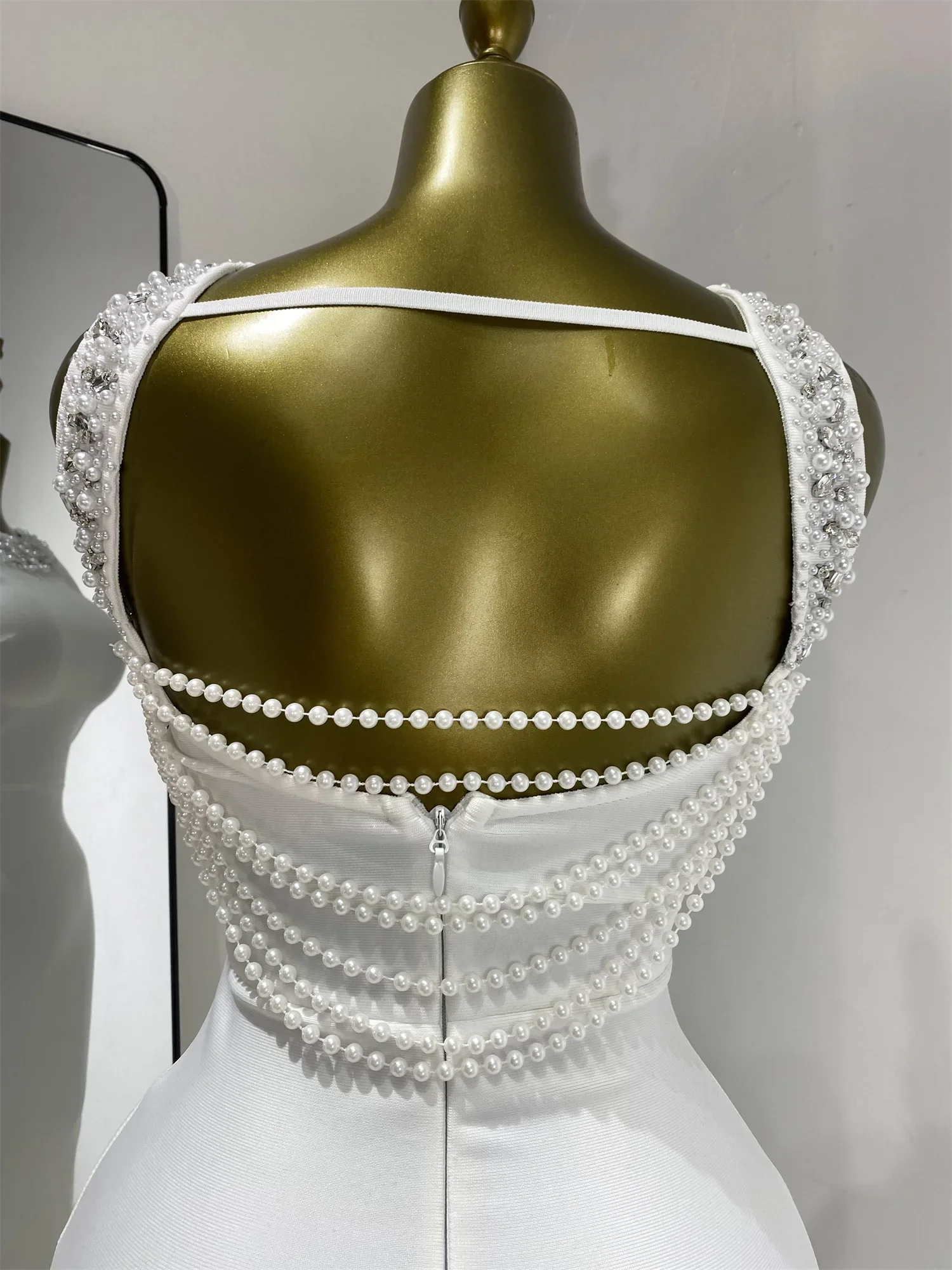 Woman White Birthday Bandage Dress Elegant Pearls Rhinestones Embroidery Tassel Back Bodycon Long Evening Party Cocktail Dresses