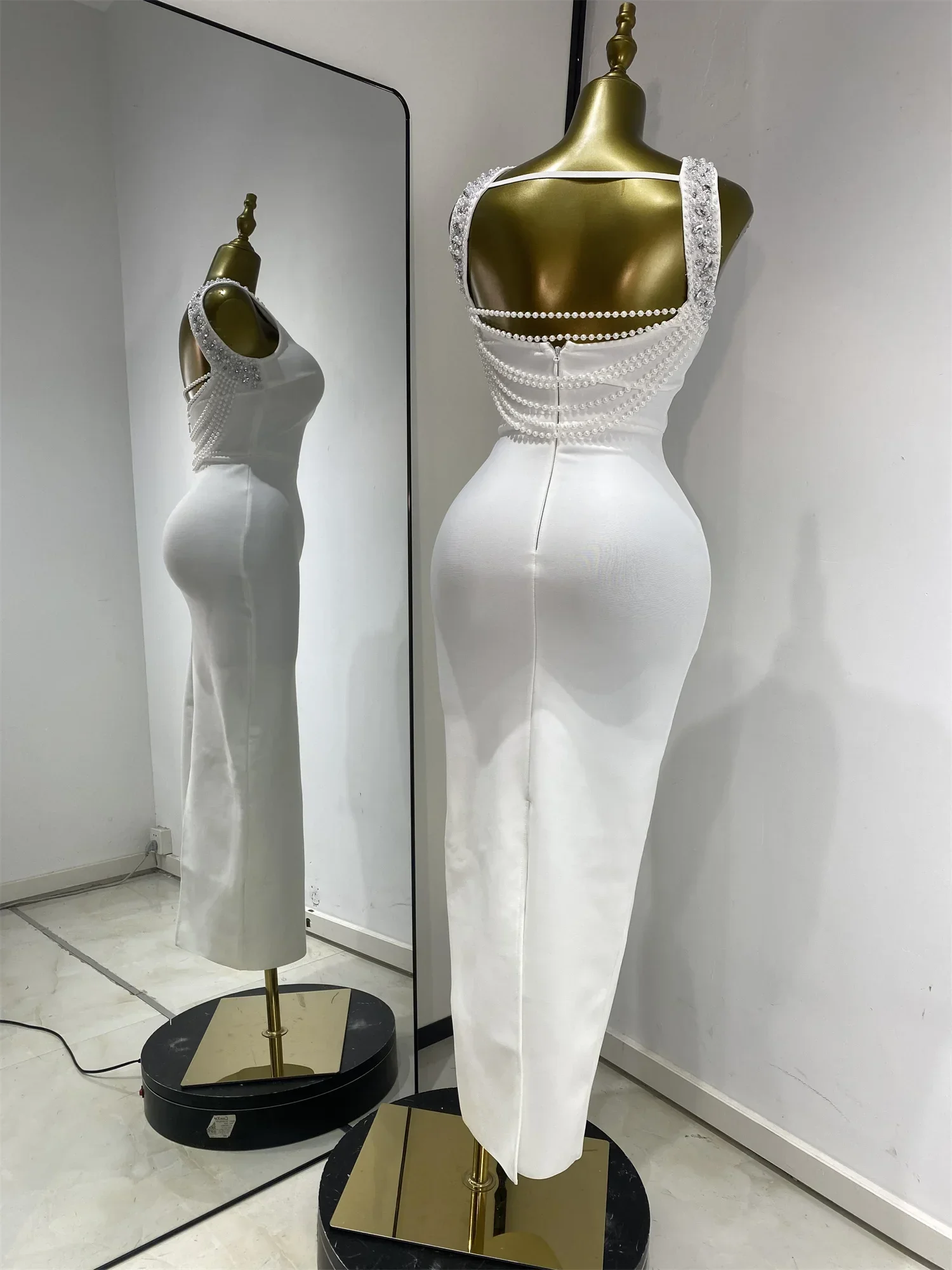 Woman White Birthday Bandage Dress Elegant Pearls Rhinestones Embroidery Tassel Back Bodycon Long Evening Party Cocktail Dresses