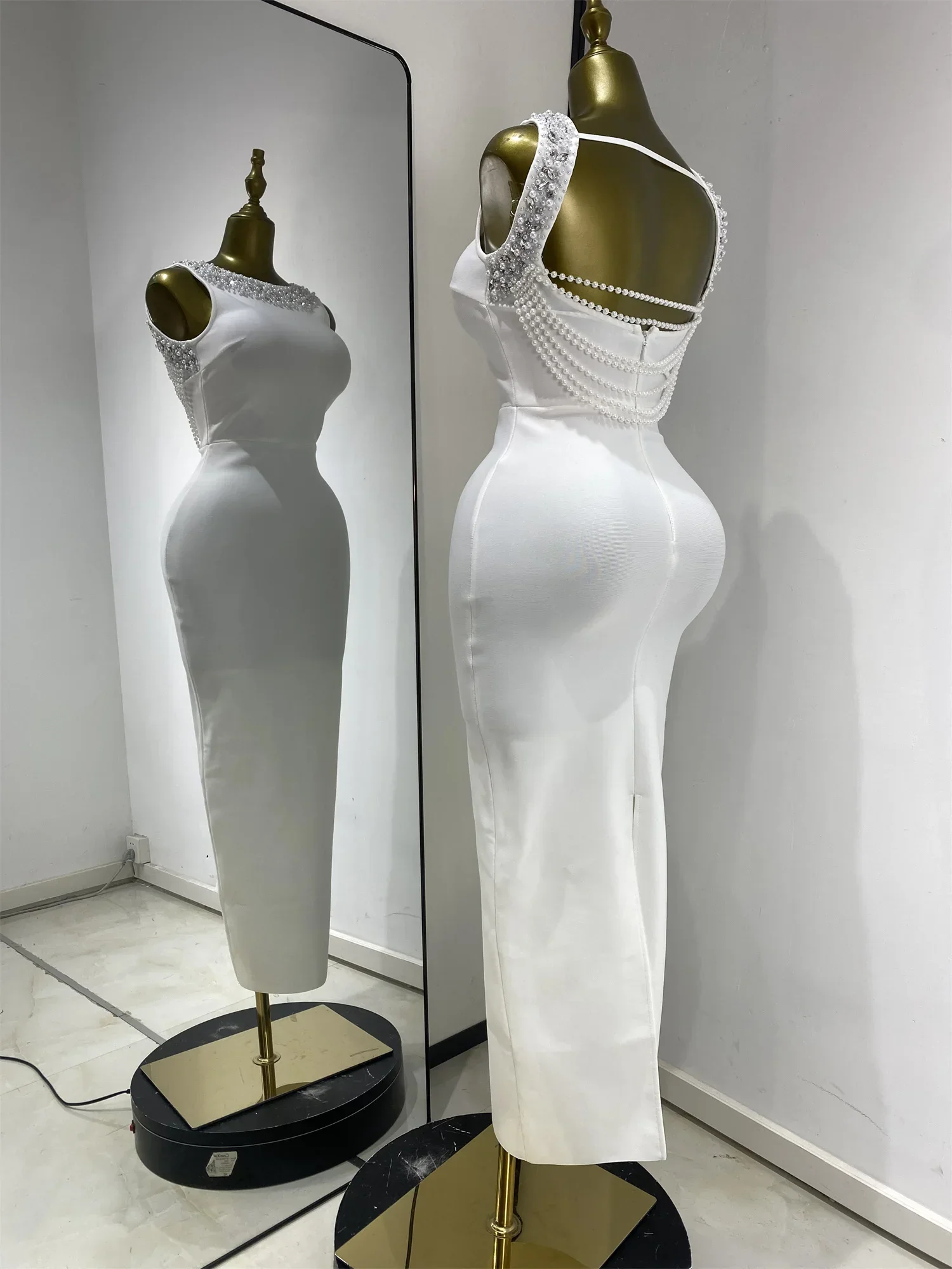 Woman White Birthday Bandage Dress Elegant Pearls Rhinestones Embroidery Tassel Back Bodycon Long Evening Party Cocktail Dresses