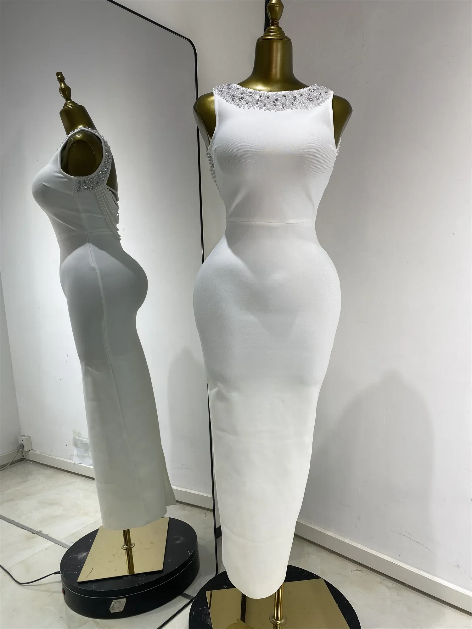 Woman White Birthday Bandage Dress Elegant Pearls Rhinestones Embroidery Tassel Back Bodycon Long Evening Party Cocktail Dresses