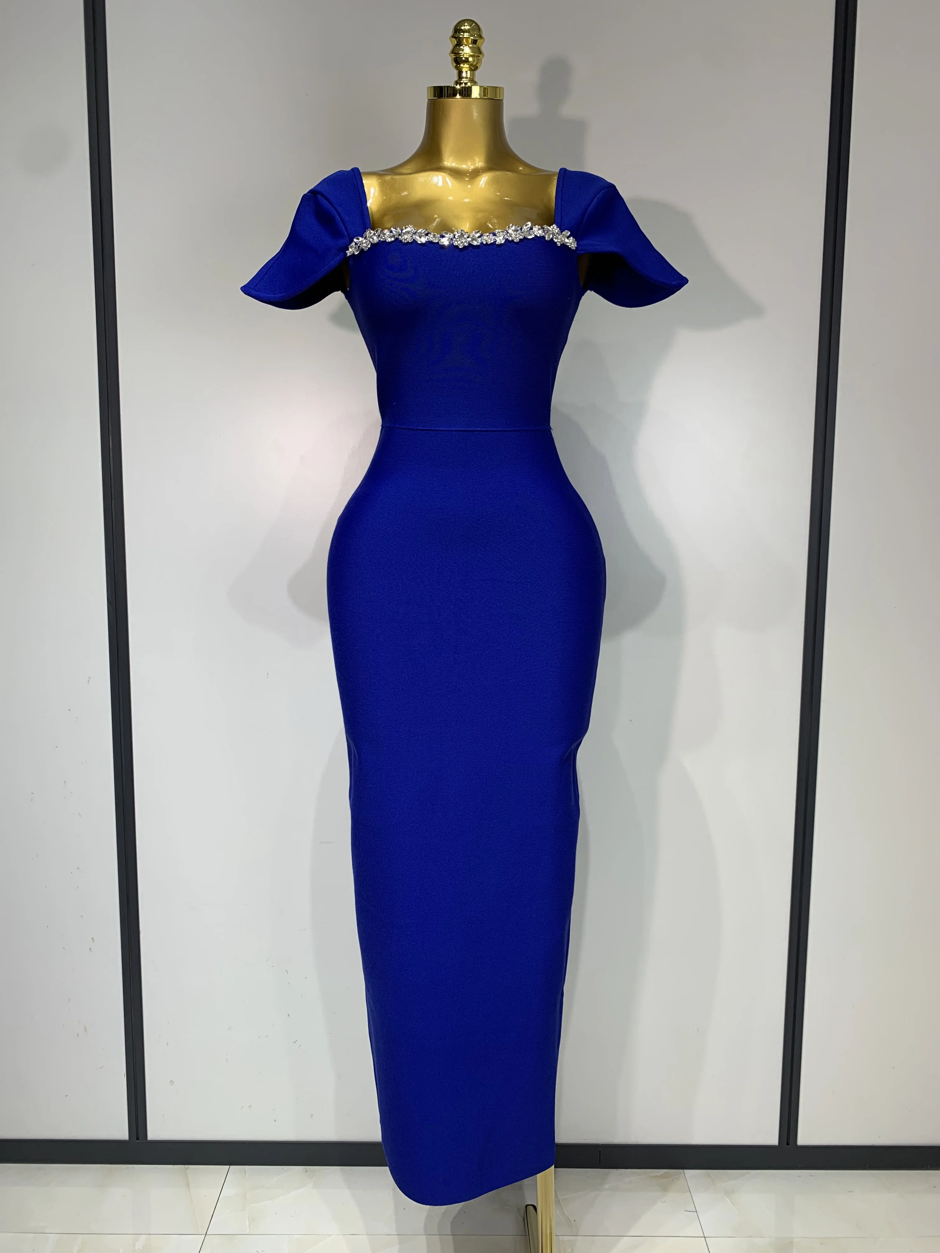 Women Celebrity Sexy Square Collar Bodycon Bandage Long Dress 2025 Luxury Birthday Dresses Knitted Elegant Evening Party Outfit