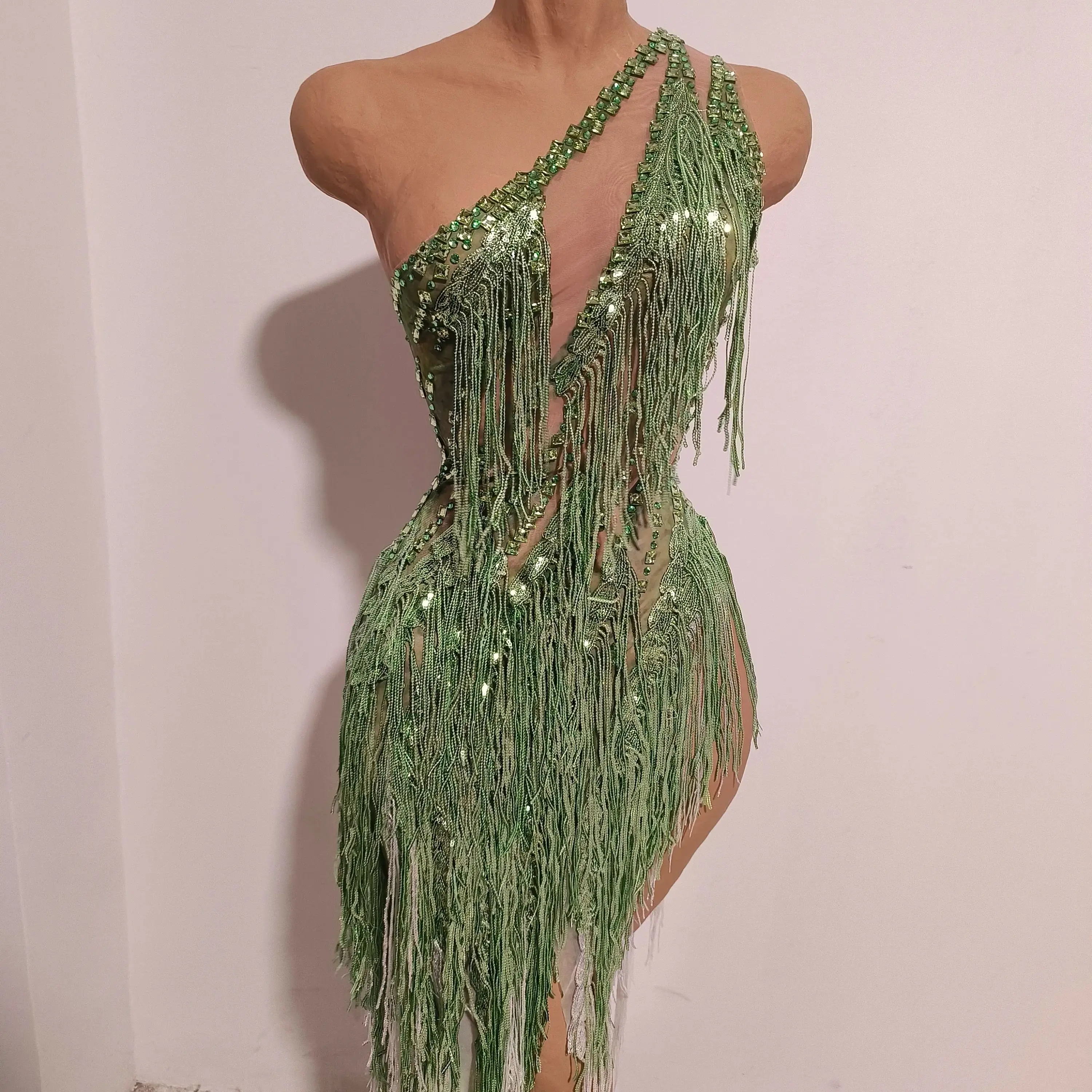 Women Sparkly Rhinestones Tassel Green One Shoulder Sexy See-Through Dress Latin Dance Outfits Bar Nightclub Party Stage Costume