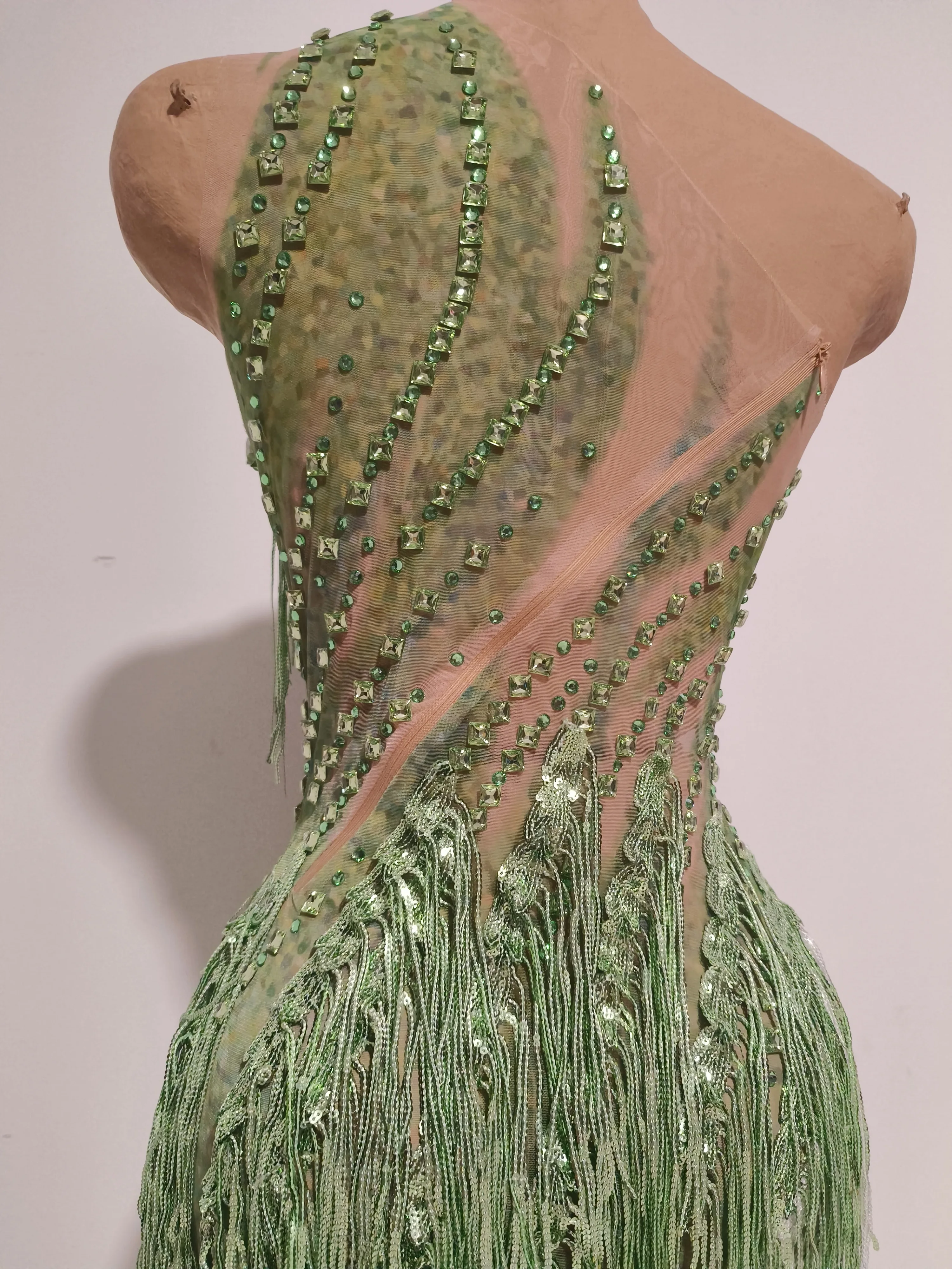 Women Sparkly Rhinestones Tassel Green One Shoulder Sexy See-Through Dress Latin Dance Outfits Bar Nightclub Party Stage Costume
