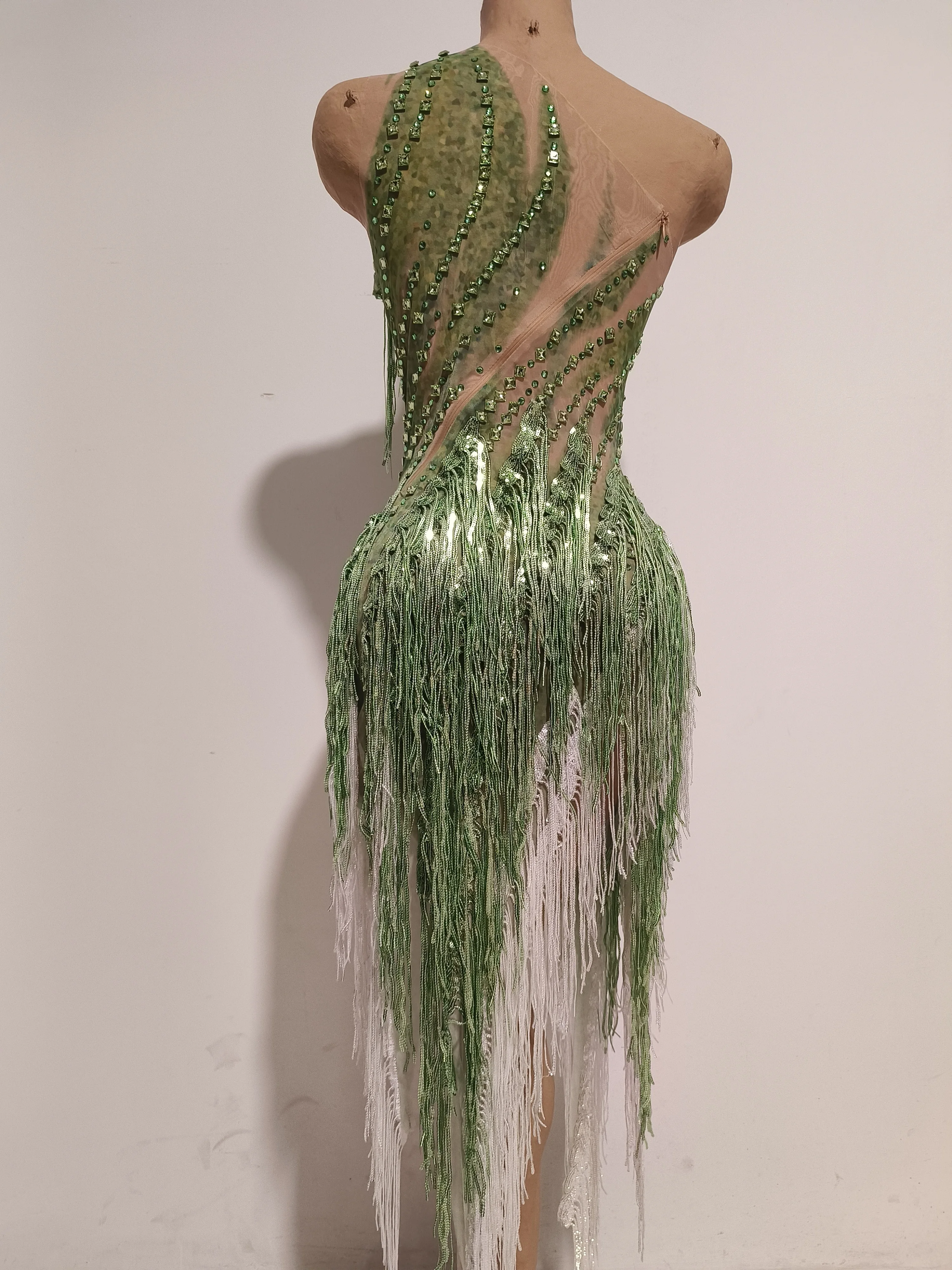 Women Sparkly Rhinestones Tassel Green One Shoulder Sexy See-Through Dress Latin Dance Outfits Bar Nightclub Party Stage Costume