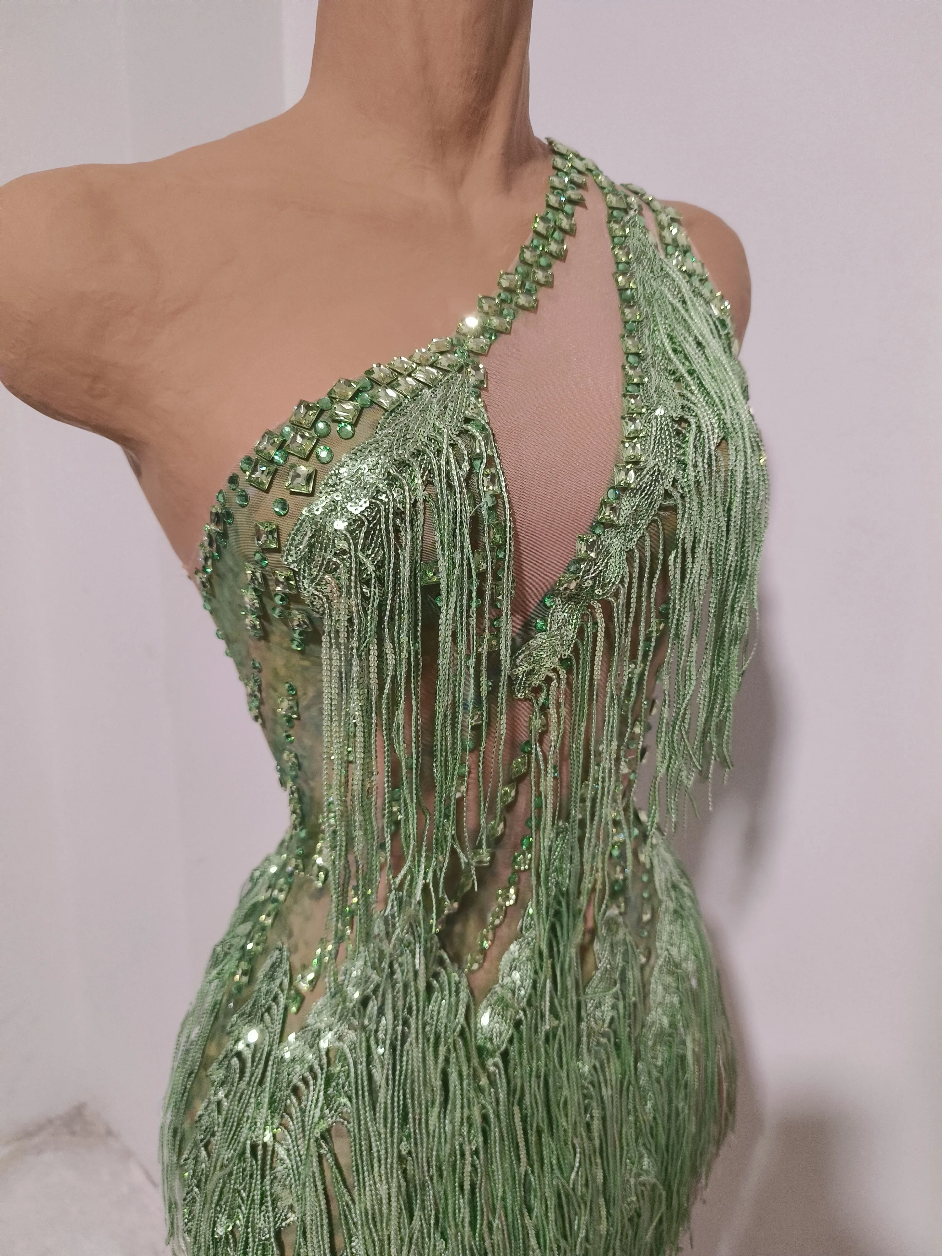 Women Sparkly Rhinestones Tassel Green One Shoulder Sexy See-Through Dress Latin Dance Outfits Bar Nightclub Party Stage Costume