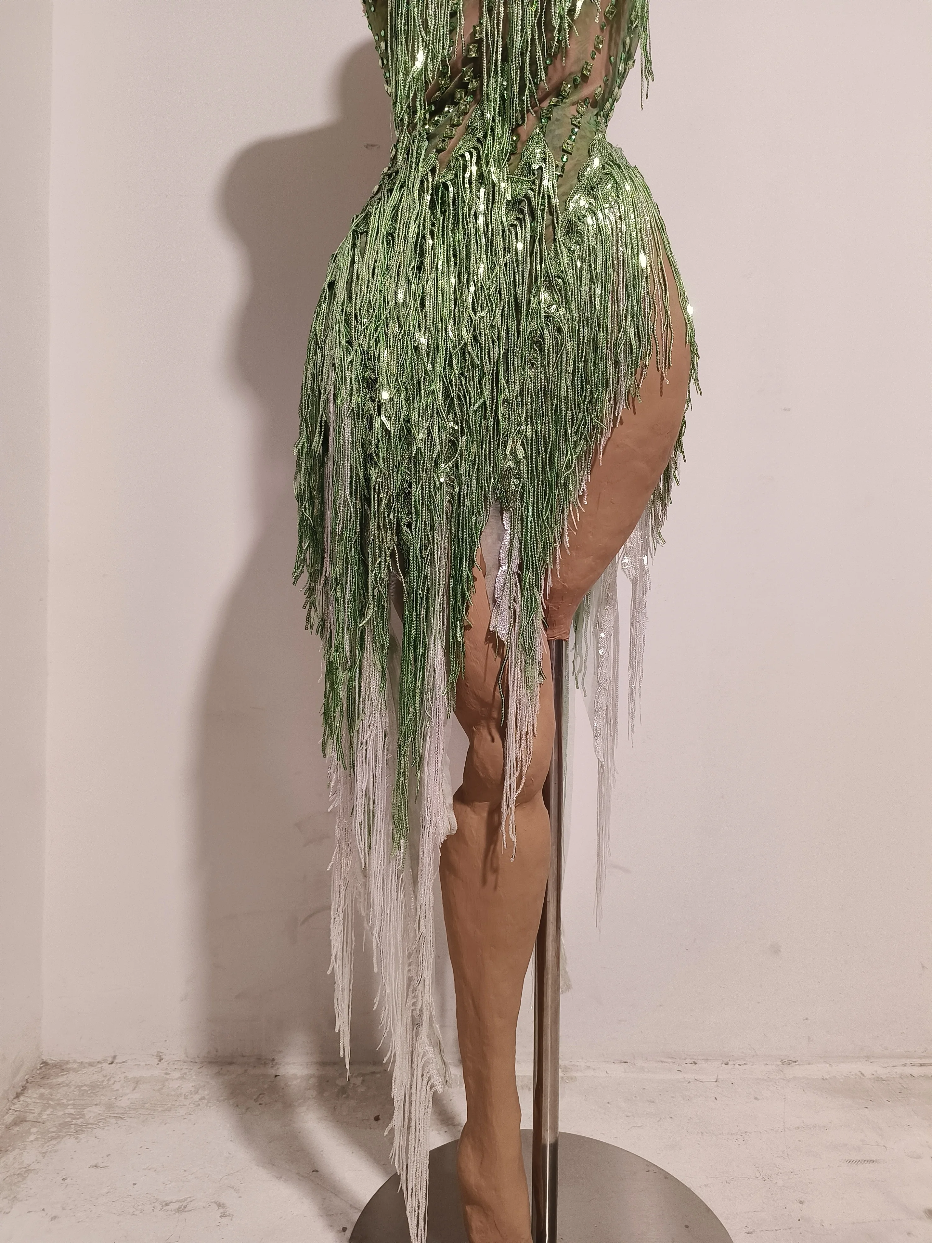 Women Sparkly Rhinestones Tassel Green One Shoulder Sexy See-Through Dress Latin Dance Outfits Bar Nightclub Party Stage Costume