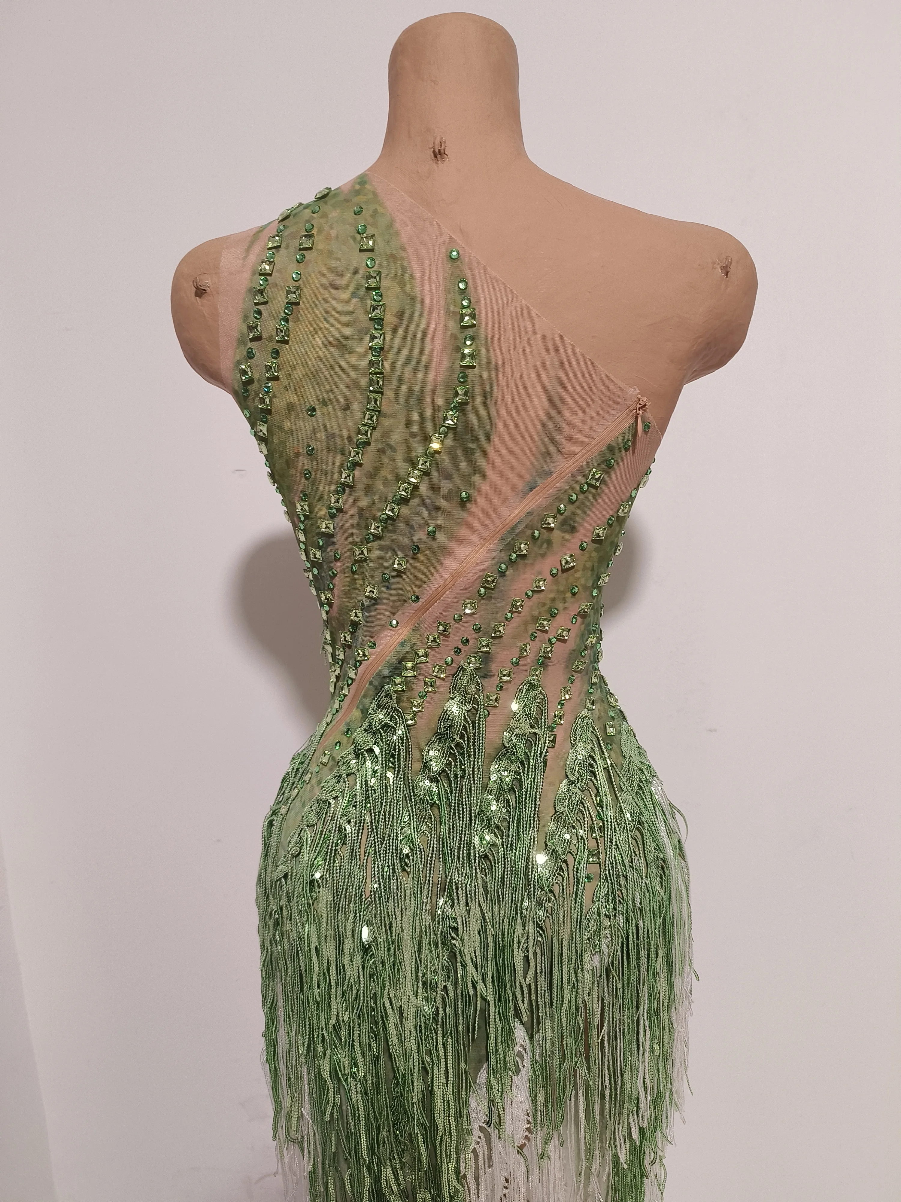 Women Sparkly Rhinestones Tassel Green One Shoulder Sexy See-Through Dress Latin Dance Outfits Bar Nightclub Party Stage Costume