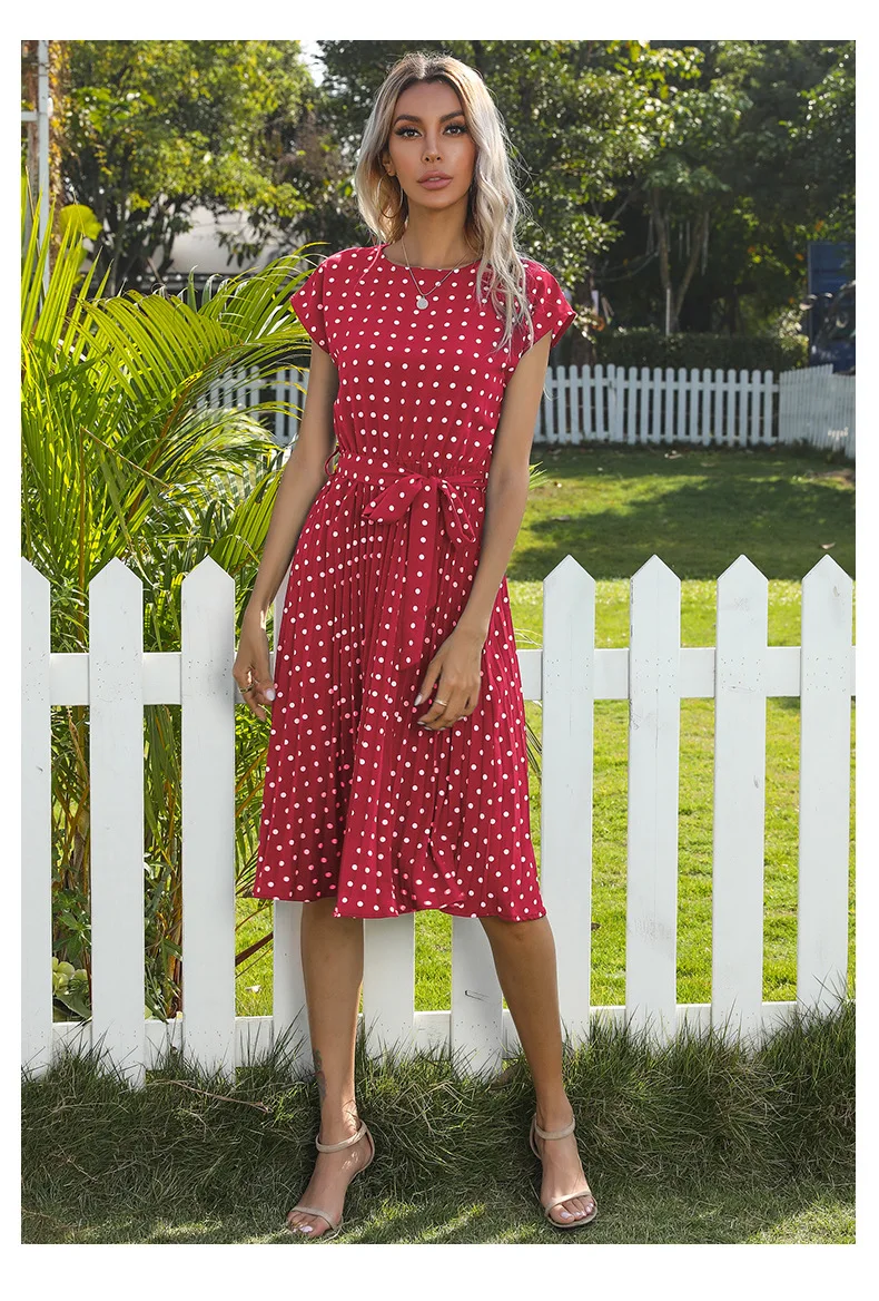 2022 New Summer Polka Dots Sleeveless Pleated Dresses For Women High Waist Midi Elegant Office Green Lady Dinner Party Clothes