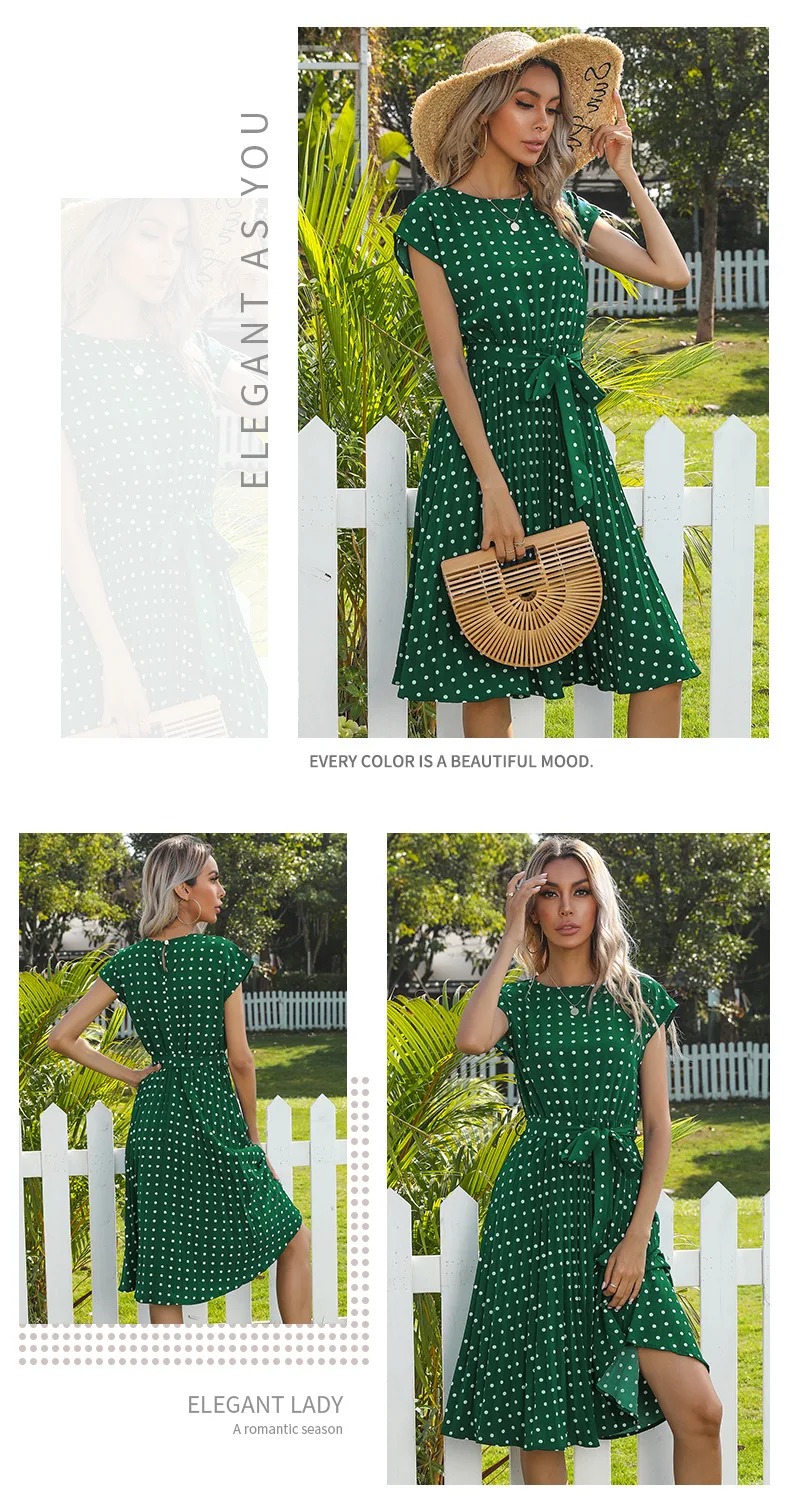 2022 New Summer Polka Dots Sleeveless Pleated Dresses For Women High Waist Midi Elegant Office Green Lady Dinner Party Clothes