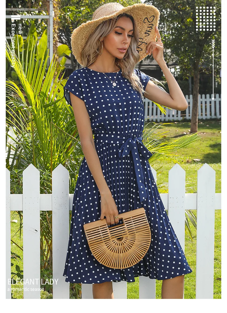 2022 New Summer Polka Dots Sleeveless Pleated Dresses For Women High Waist Midi Elegant Office Green Lady Dinner Party Clothes
