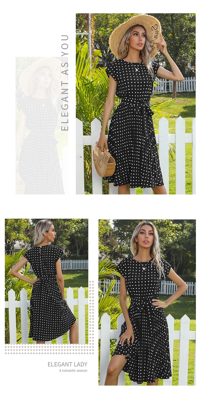 2022 New Summer Polka Dots Sleeveless Pleated Dresses For Women High Waist Midi Elegant Office Green Lady Dinner Party Clothes
