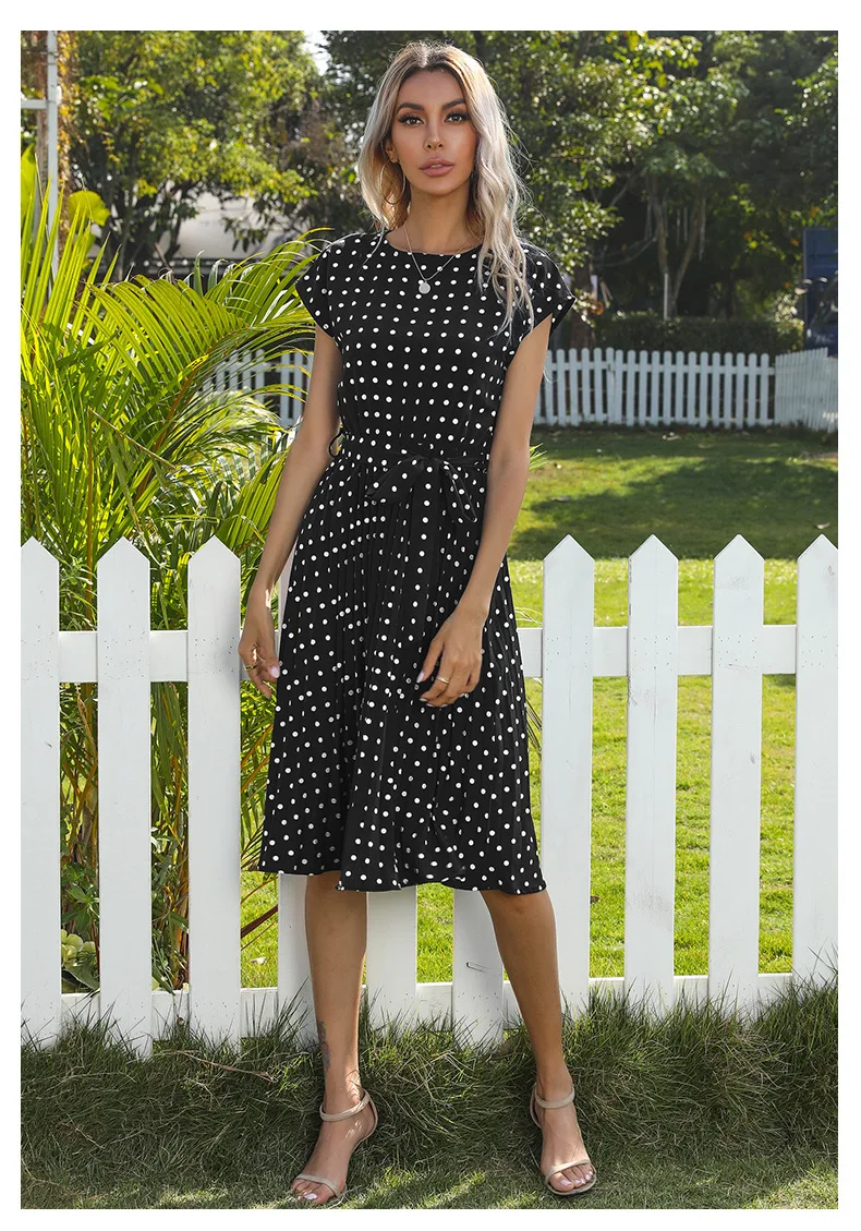 2022 New Summer Polka Dots Sleeveless Pleated Dresses For Women High Waist Midi Elegant Office Green Lady Dinner Party Clothes