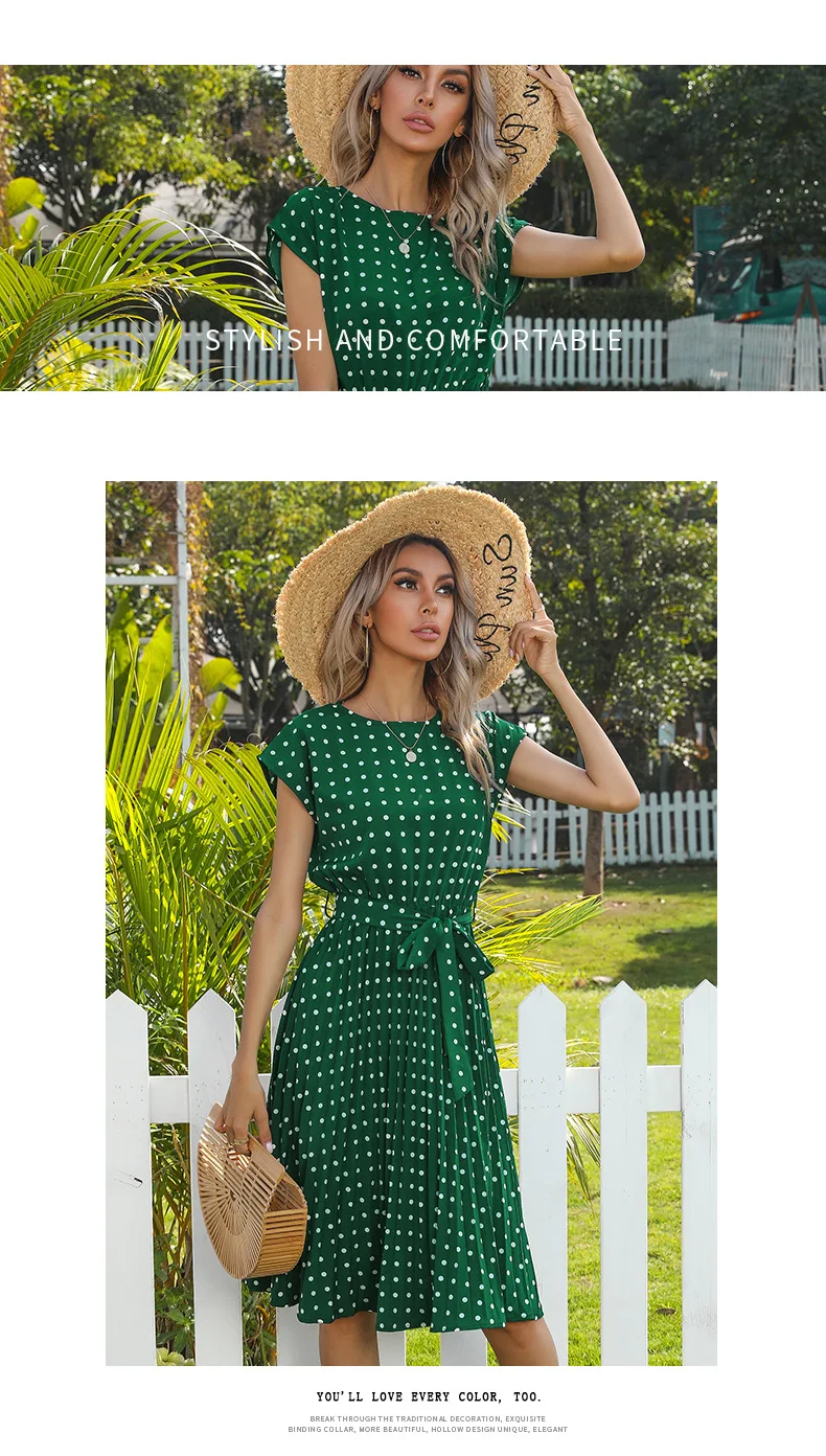2022 New Summer Polka Dots Sleeveless Pleated Dresses For Women High Waist Midi Elegant Office Green Lady Dinner Party Clothes