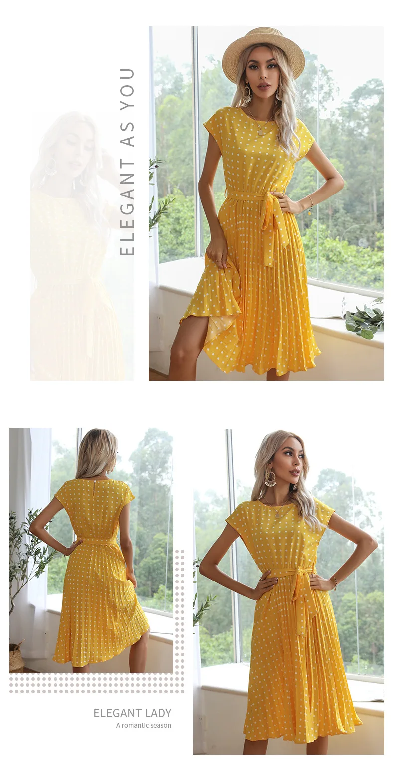 2022 New Summer Polka Dots Sleeveless Pleated Dresses For Women High Waist Midi Elegant Office Green Lady Dinner Party Clothes