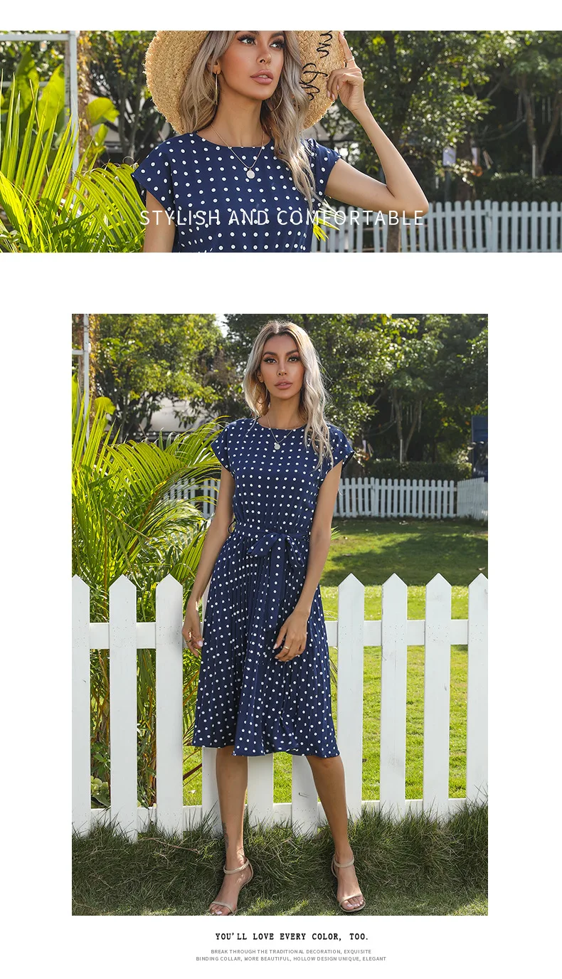 2022 New Summer Polka Dots Sleeveless Pleated Dresses For Women High Waist Midi Elegant Office Green Lady Dinner Party Clothes