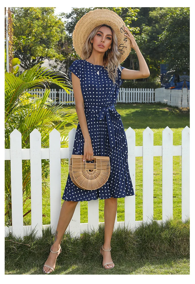 2022 New Summer Polka Dots Sleeveless Pleated Dresses For Women High Waist Midi Elegant Office Green Lady Dinner Party Clothes