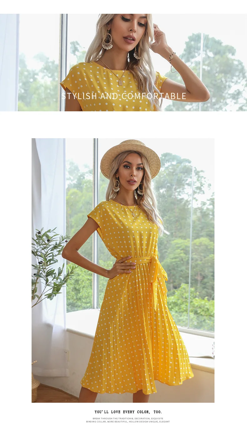 2022 New Summer Polka Dots Sleeveless Pleated Dresses For Women High Waist Midi Elegant Office Green Lady Dinner Party Clothes
