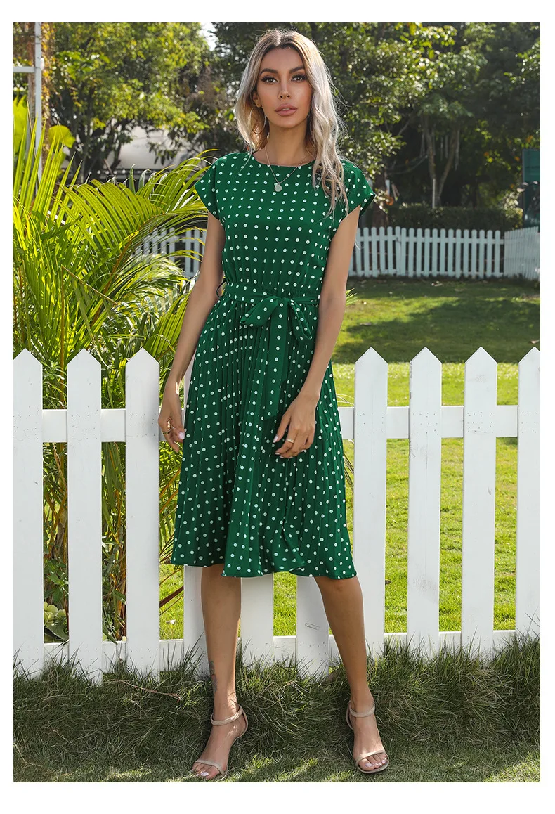 2022 New Summer Polka Dots Sleeveless Pleated Dresses For Women High Waist Midi Elegant Office Green Lady Dinner Party Clothes