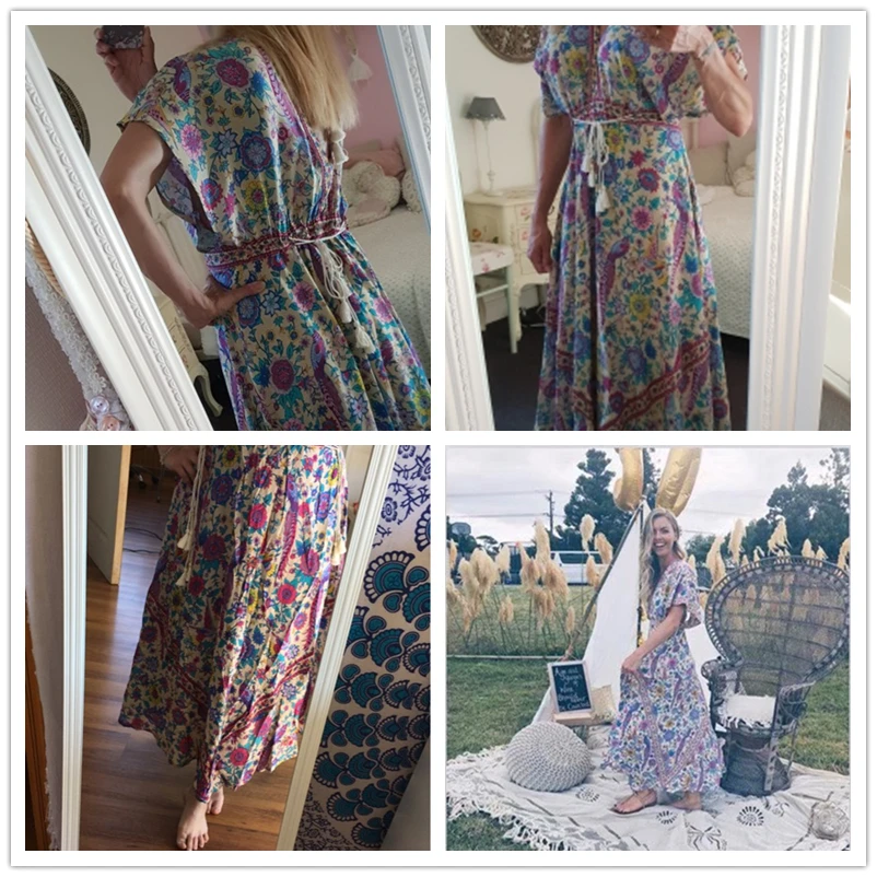 Vintage Chic Women Peacock Floral Print Bat Sleeve Beach Bohemian Maxi Dresses Robe Ladies V-neck Tassel Summer Boho Dress
