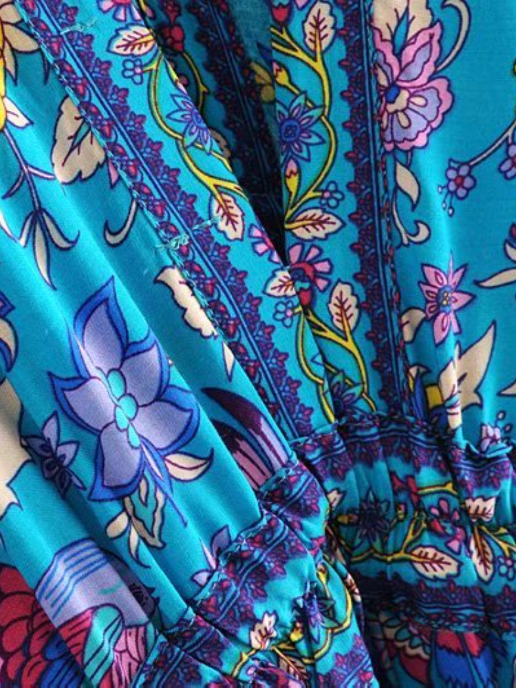 Vintage Chic Women Peacock Floral Print Bat Sleeve Beach Bohemian Maxi Dresses Robe Ladies V-neck Tassel Summer Boho Dress