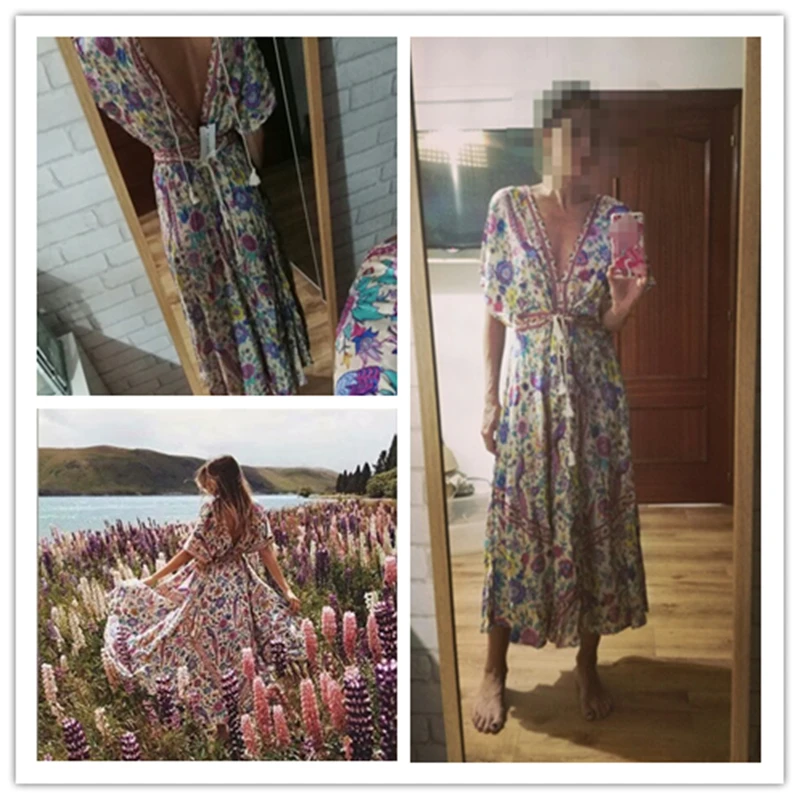 Vintage Chic Women Peacock Floral Print Bat Sleeve Beach Bohemian Maxi Dresses Robe Ladies V-neck Tassel Summer Boho Dress