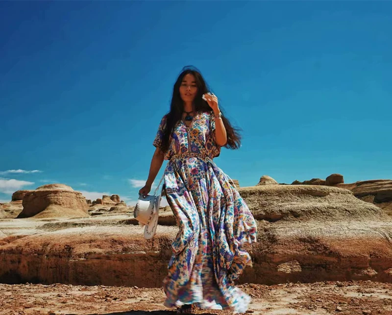 Vintage Chic Women Peacock Floral Print Bat Sleeve Beach Bohemian Maxi Dresses Robe Ladies V-neck Tassel Summer Boho Dress