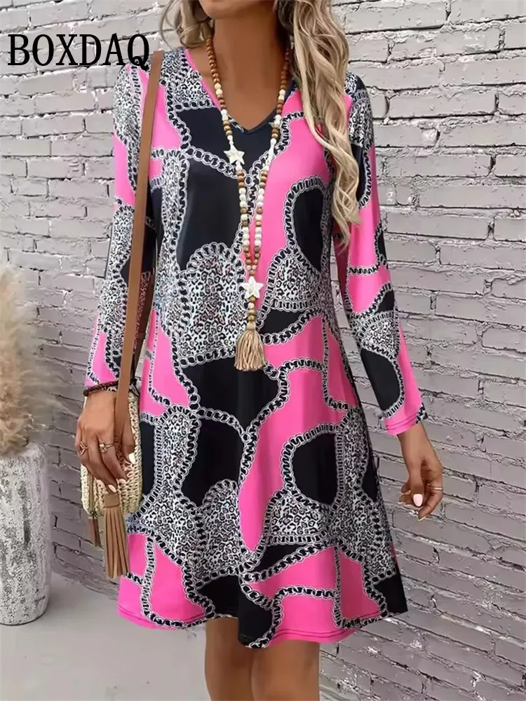 Women's Clothing Autumn Women Retro Flowers Dress Summer Vintage Causal Fashion Long Sleeve Floral 3D Printed Loose Dresses 2025