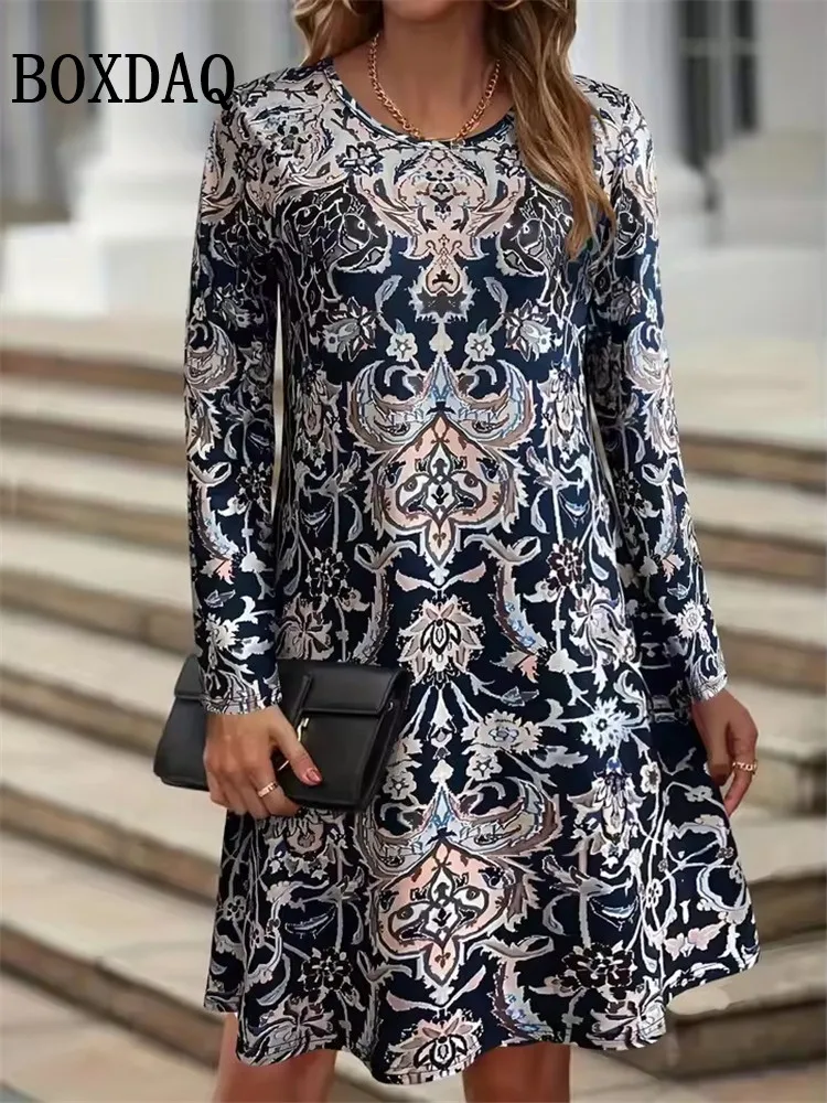 Women's Clothing Autumn Women Retro Flowers Dress Summer Vintage Causal Fashion Long Sleeve Floral 3D Printed Loose Dresses 2025