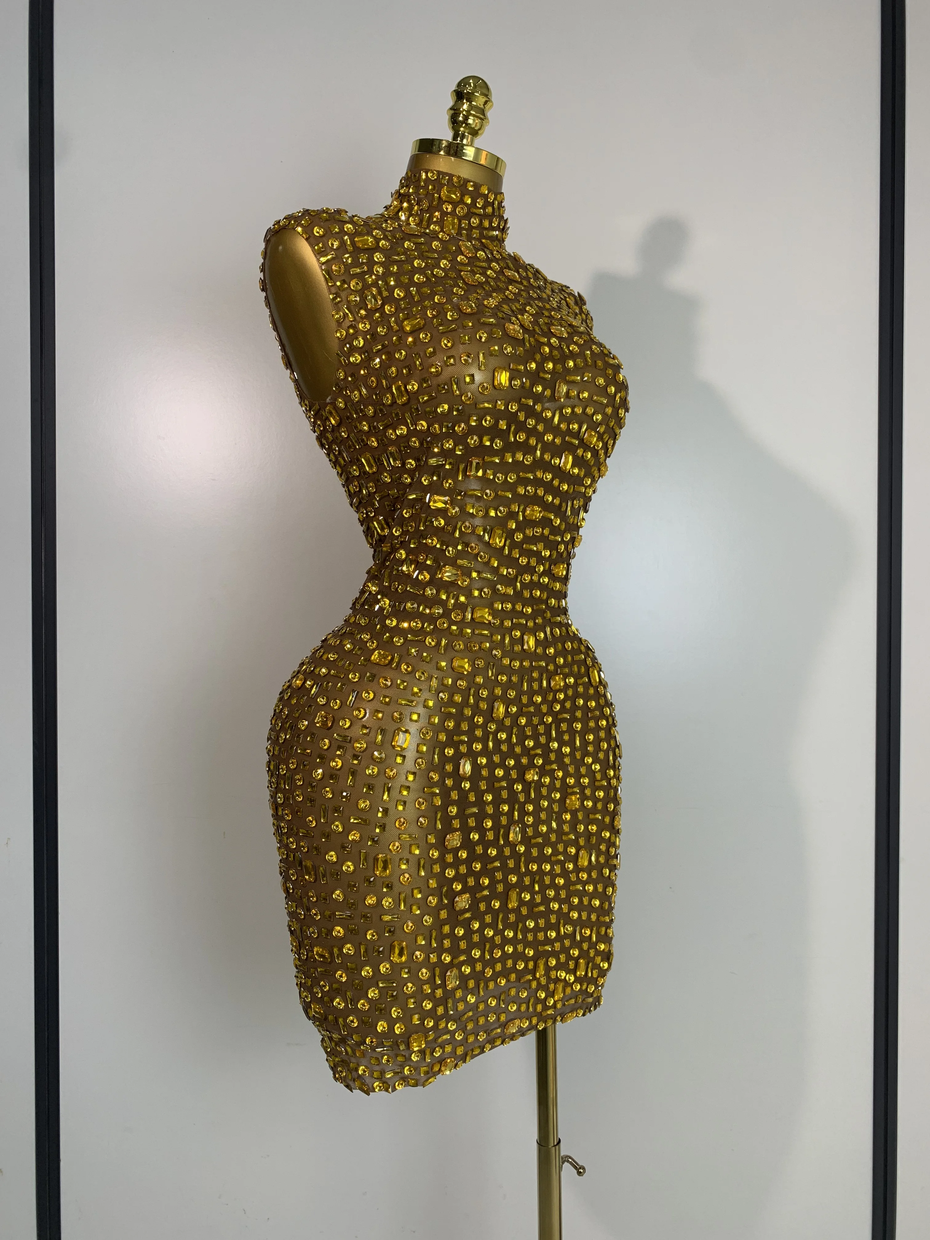 Women Luxury Gold Rhinestone Sexy Mesh Short Dress Sparkly Stage Costume Elegant Party Birthday  Dresses Nightclub Singer Outf