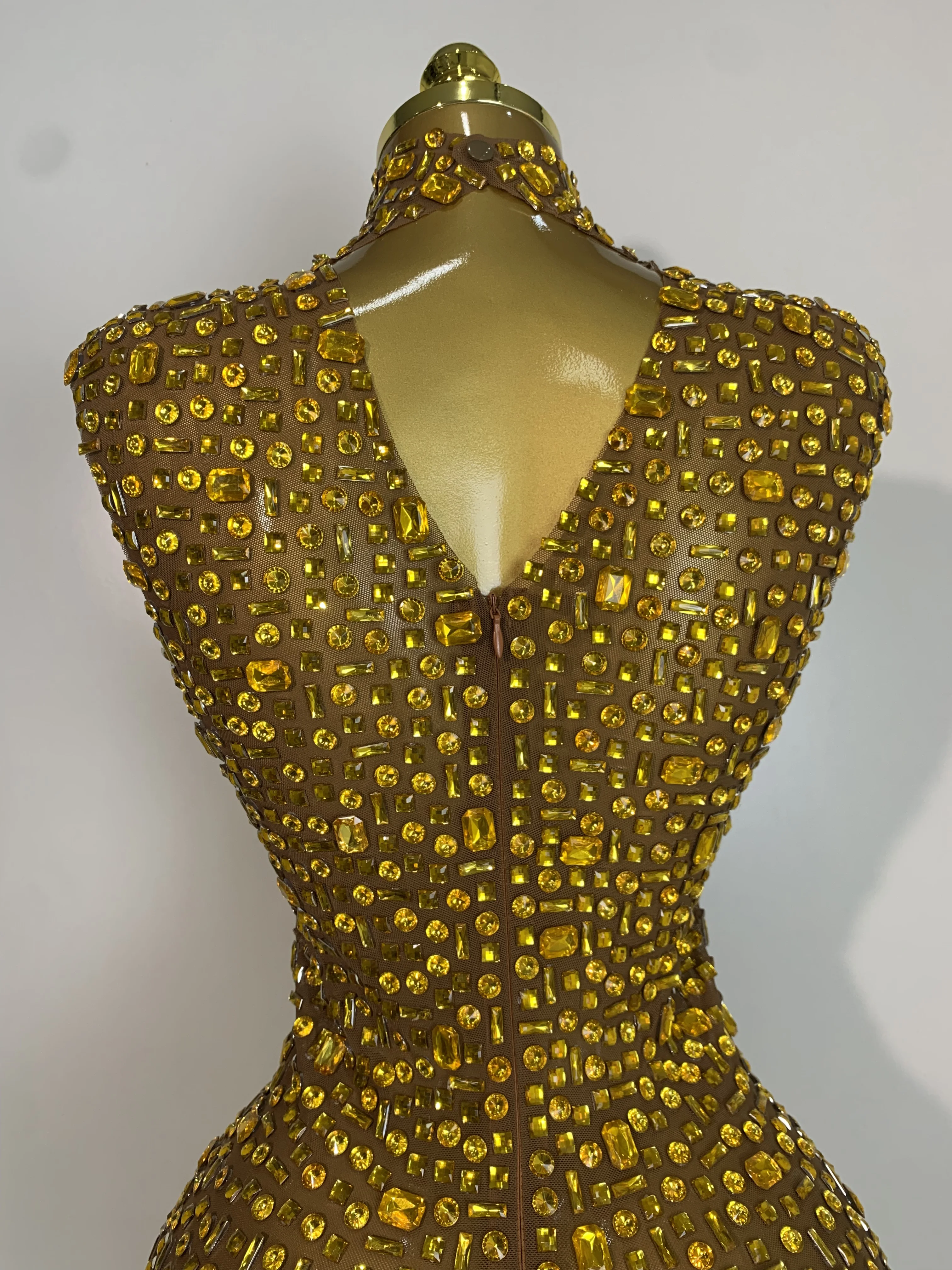Women Luxury Gold Rhinestone Sexy Mesh Short Dress Sparkly Stage Costume Elegant Party Birthday  Dresses Nightclub Singer Outf