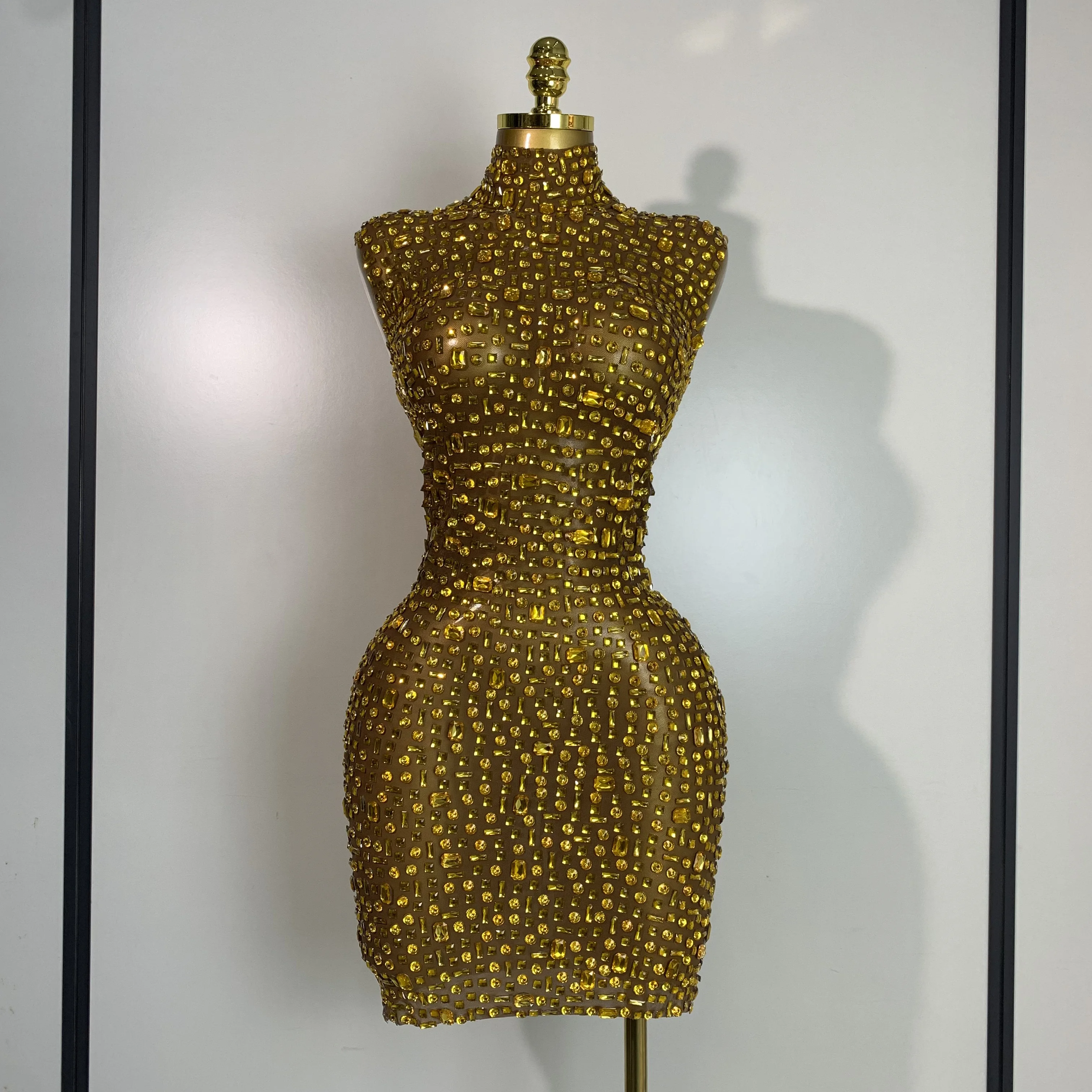 Women Luxury Gold Rhinestone Sexy Mesh Short Dress Sparkly Stage Costume Elegant Party Birthday  Dresses Nightclub Singer Outf
