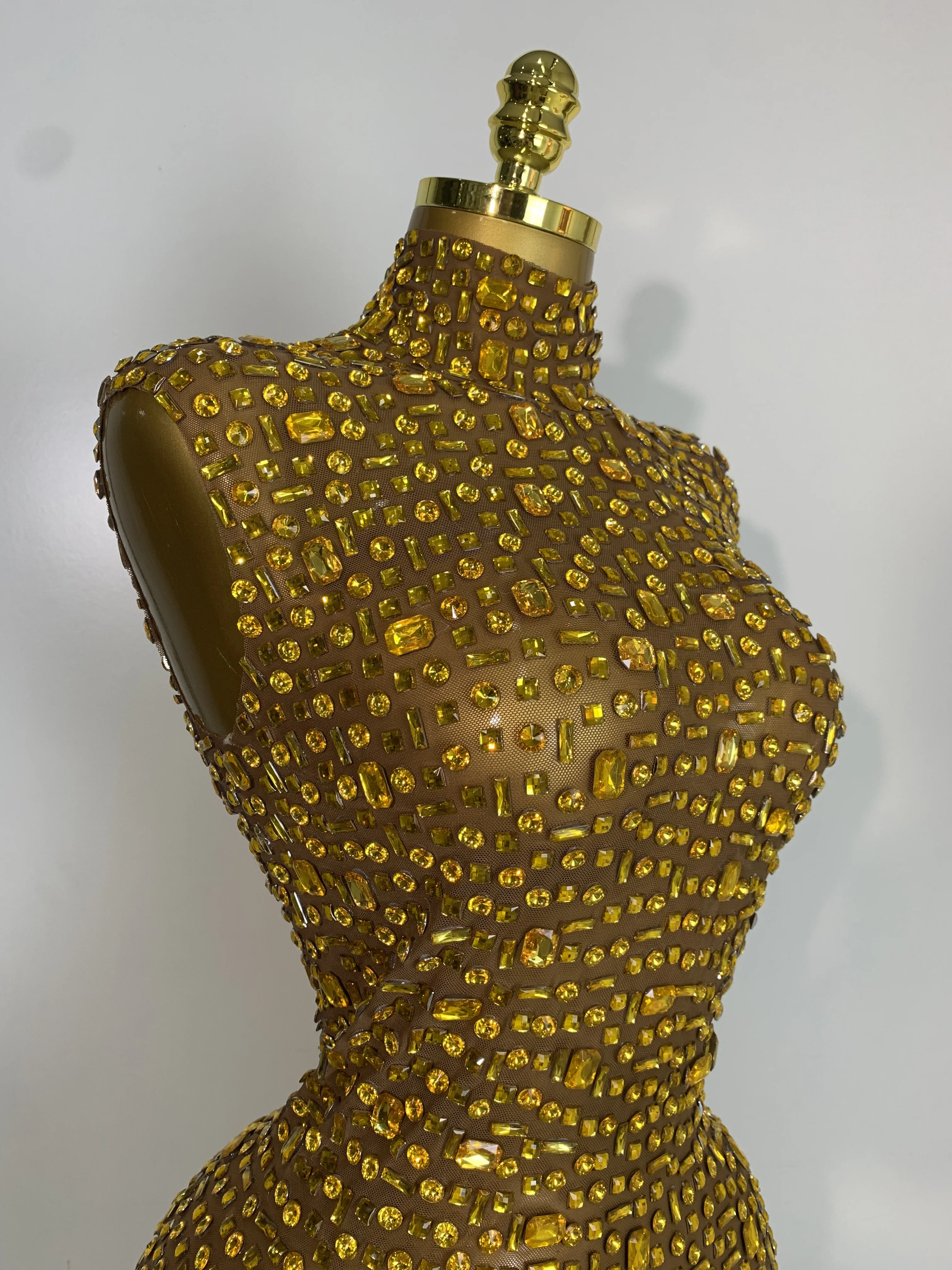 Women Luxury Gold Rhinestone Sexy Mesh Short Dress Sparkly Stage Costume Elegant Party Birthday  Dresses Nightclub Singer Outf