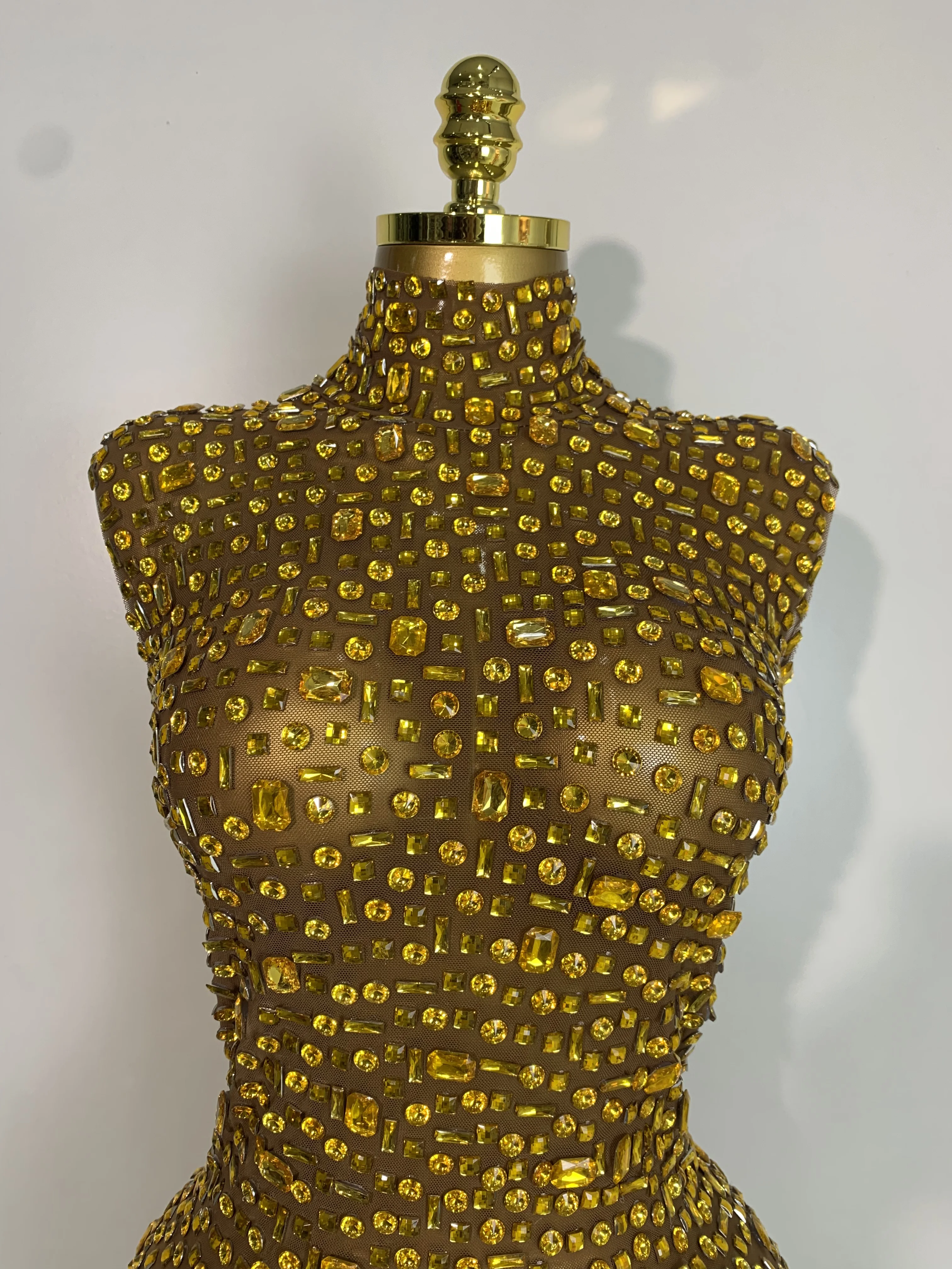 Women Luxury Gold Rhinestone Sexy Mesh Short Dress Sparkly Stage Costume Elegant Party Birthday  Dresses Nightclub Singer Outf