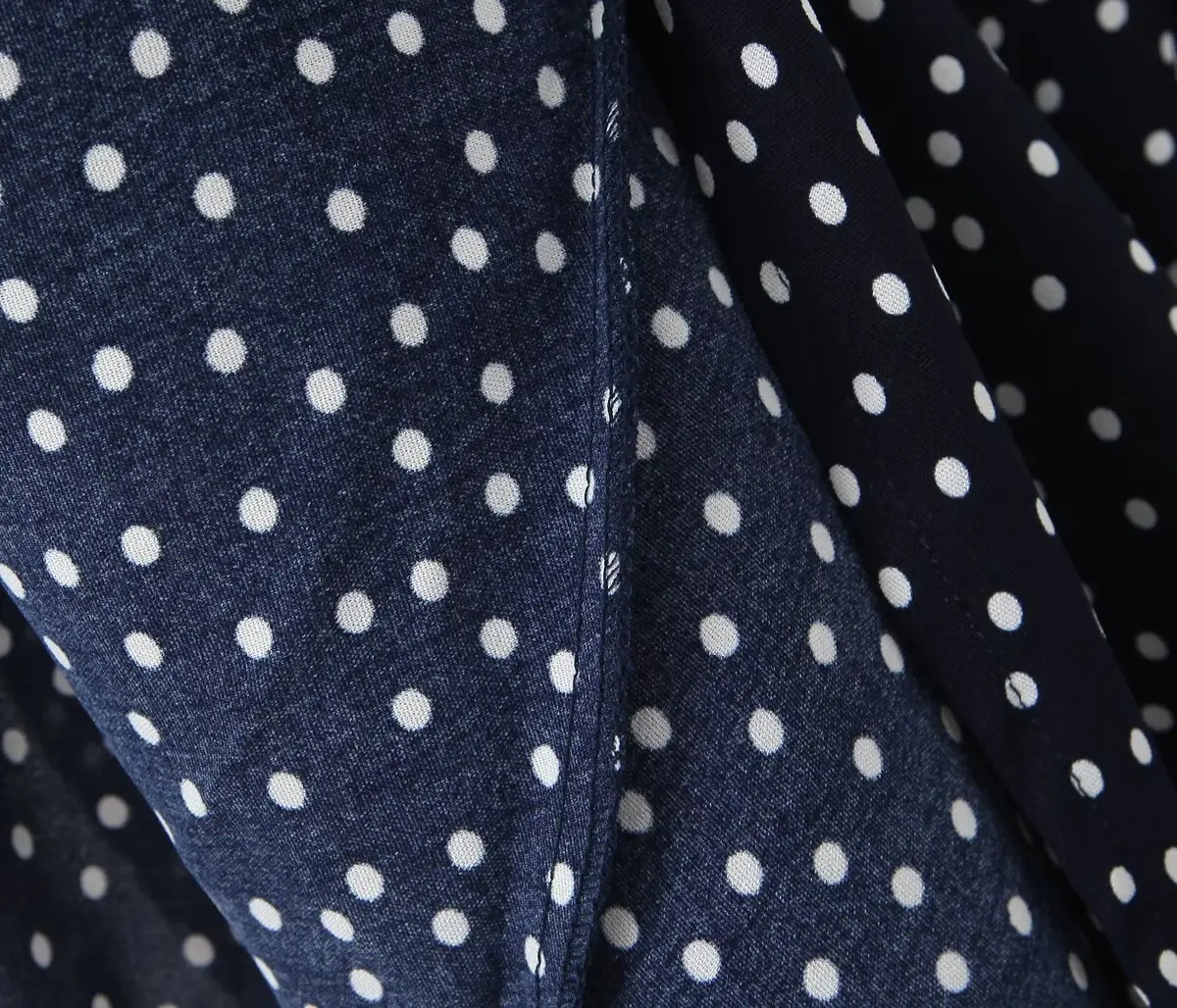 YENKYE 2025 Women Navy Blue Polka Dot Long Dress Lace Trim V Neck Short Sleeve A-line Elegant Holiday Dresses Summe Maxi Robe