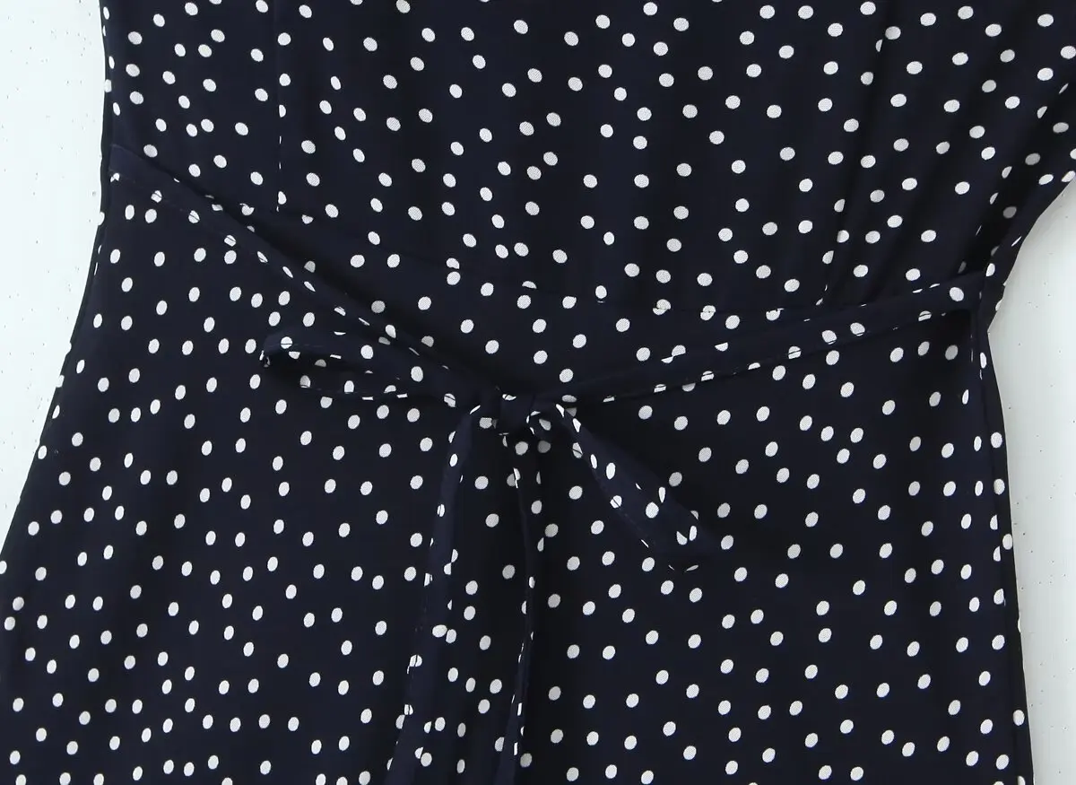 YENKYE 2025 Women Navy Blue Polka Dot Long Dress Lace Trim V Neck Short Sleeve A-line Elegant Holiday Dresses Summe Maxi Robe