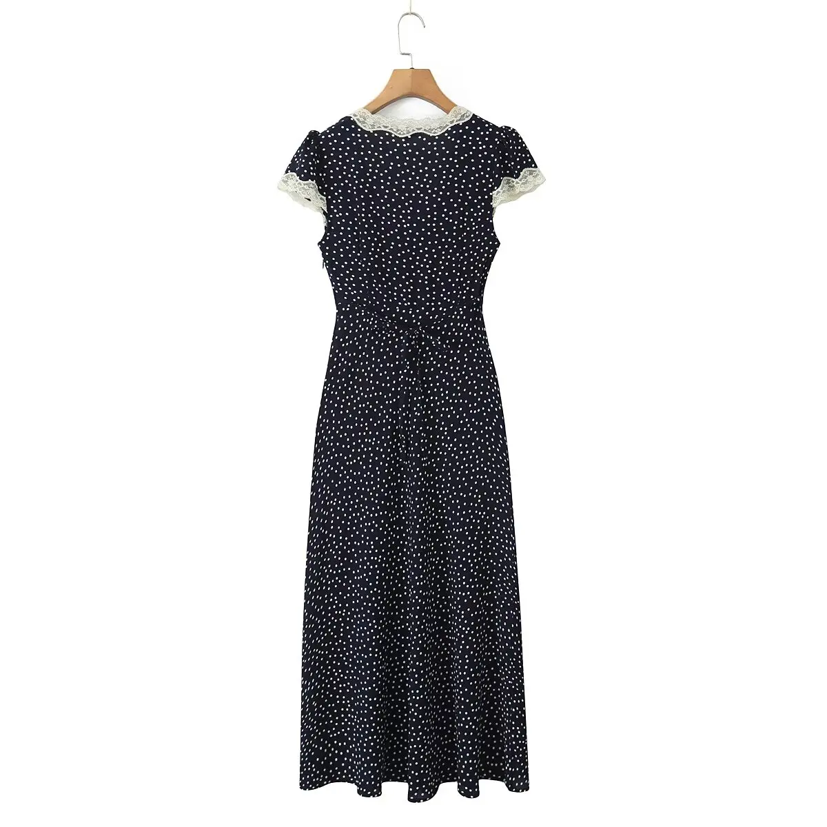YENKYE 2025 Women Navy Blue Polka Dot Long Dress Lace Trim V Neck Short Sleeve A-line Elegant Holiday Dresses Summe Maxi Robe