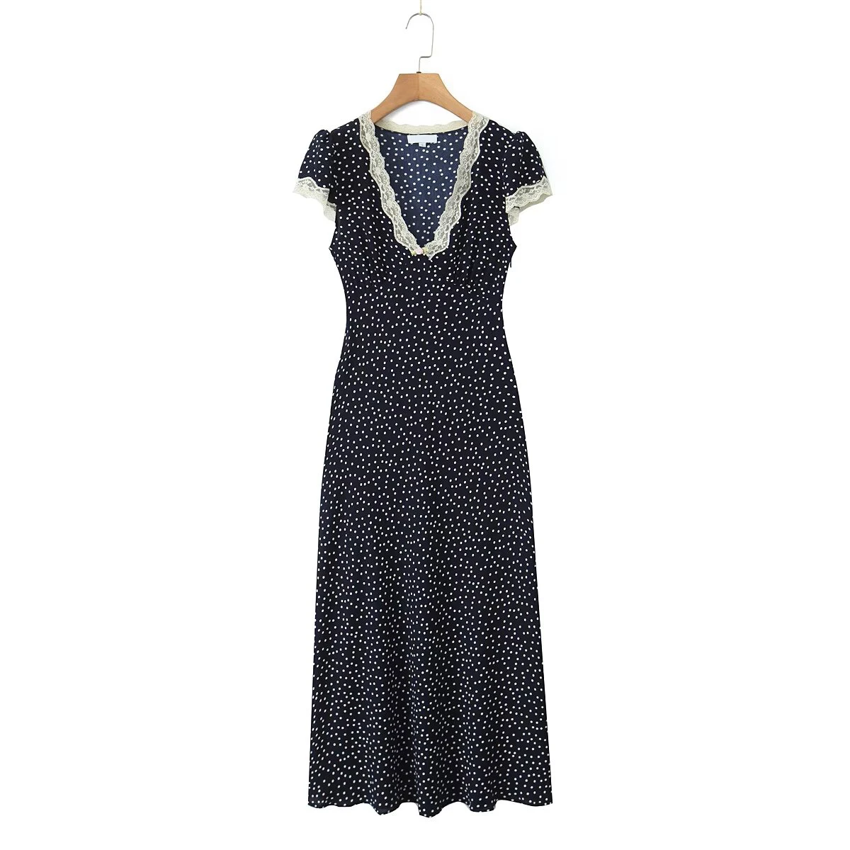 YENKYE 2025 Women Navy Blue Polka Dot Long Dress Lace Trim V Neck Short Sleeve A-line Elegant Holiday Dresses Summe Maxi Robe