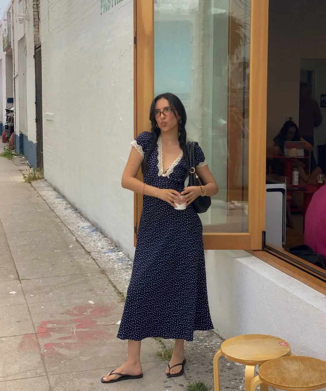YENKYE 2025 Women Navy Blue Polka Dot Long Dress Lace Trim V Neck Short Sleeve A-line Elegant Holiday Dresses Summe Maxi Robe