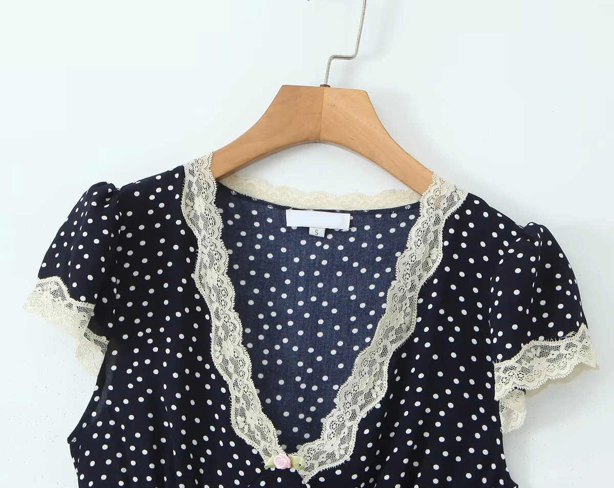 YENKYE 2025 Women Navy Blue Polka Dot Long Dress Lace Trim V Neck Short Sleeve A-line Elegant Holiday Dresses Summe Maxi Robe
