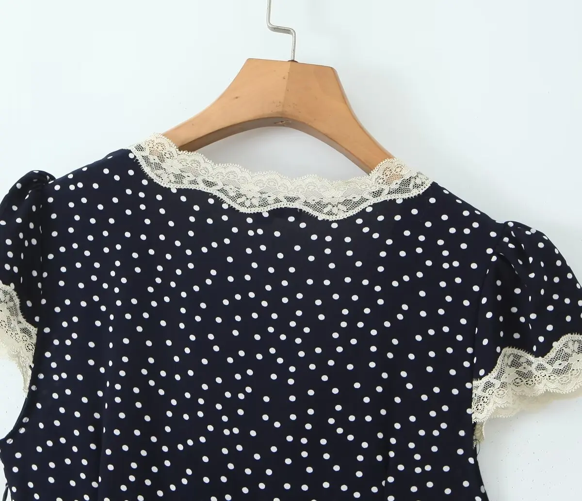 YENKYE 2025 Women Navy Blue Polka Dot Long Dress Lace Trim V Neck Short Sleeve A-line Elegant Holiday Dresses Summe Maxi Robe