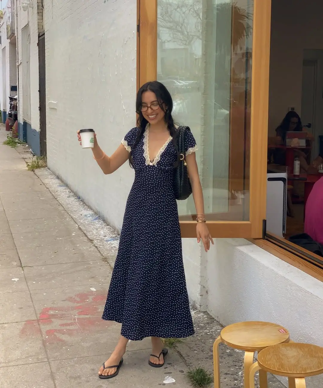 YENKYE 2025 Women Navy Blue Polka Dot Long Dress Lace Trim V Neck Short Sleeve A-line Elegant Holiday Dresses Summe Maxi Robe