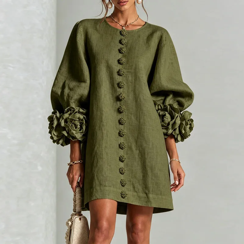 3D Flower Cuff Mini Dress Women Round Neck Bubble Long Sleeve Buttons Loose Solid Dress Elegant Wedding Guest Casual Short Dress