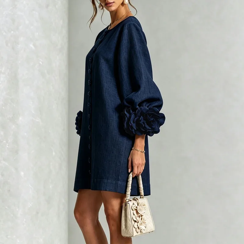 3D Flower Cuff Mini Dress Women Round Neck Bubble Long Sleeve Buttons Loose Solid Dress Elegant Wedding Guest Casual Short Dress