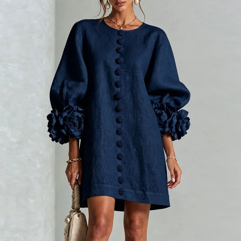 3D Flower Cuff Mini Dress Women Round Neck Bubble Long Sleeve Buttons Loose Solid Dress Elegant Wedding Guest Casual Short Dress